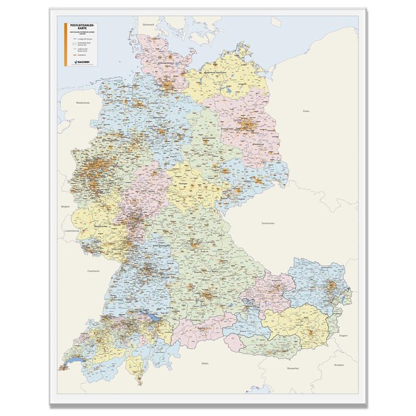 Bacher Verlag Mapa kodów pocztowych D/A/CH 1:800.000 (Niemcy, Austria, Szwajcaria)