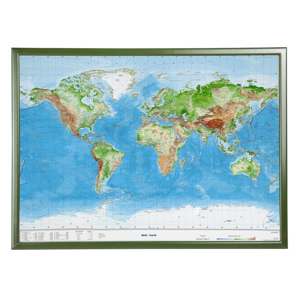 Georelief Świat, mapa plastyczna 3D, duża, w oprawie drewnianej