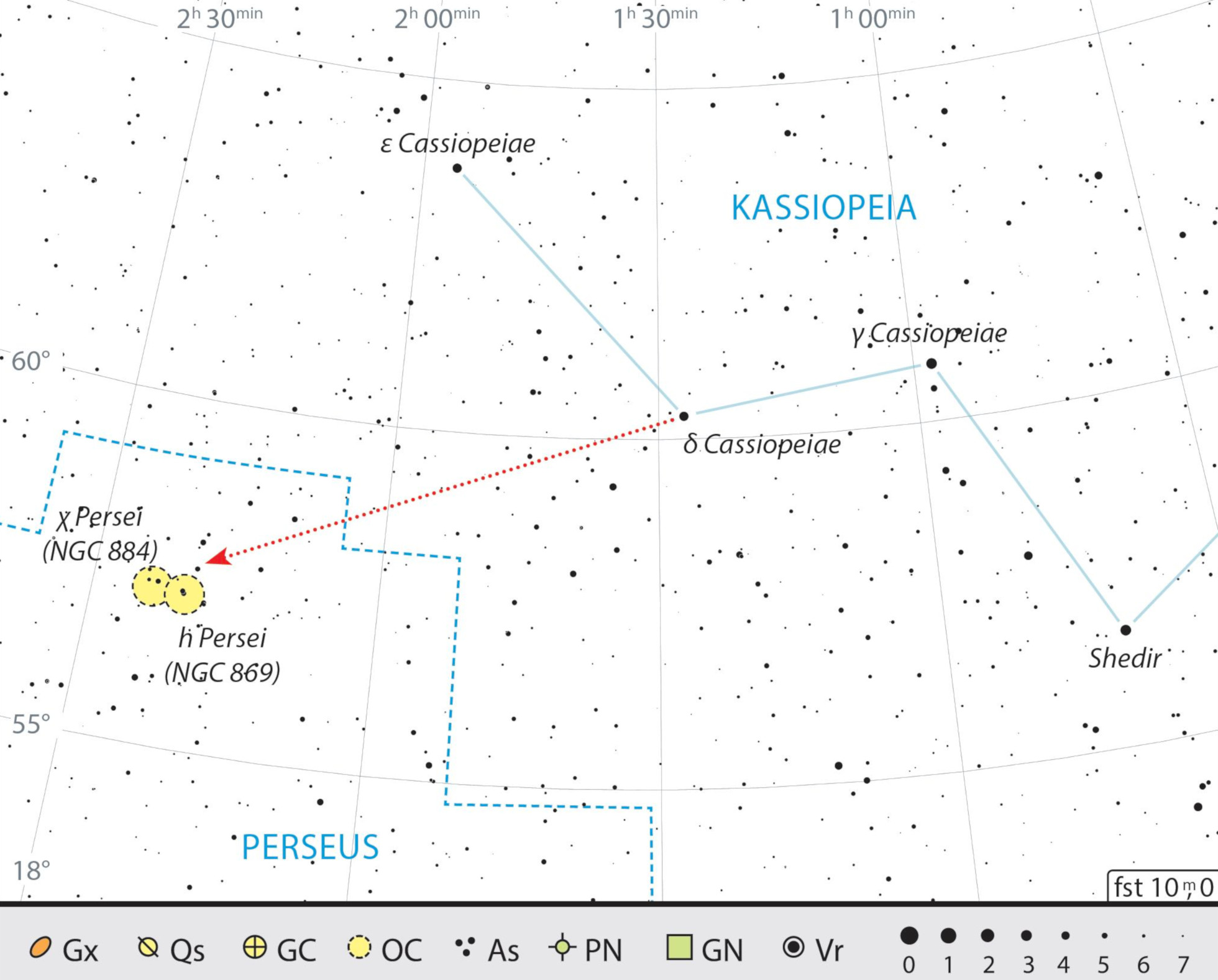 Mapa starhoppingu do Gromady Podwójnej h i χ Persei. J. Scholten