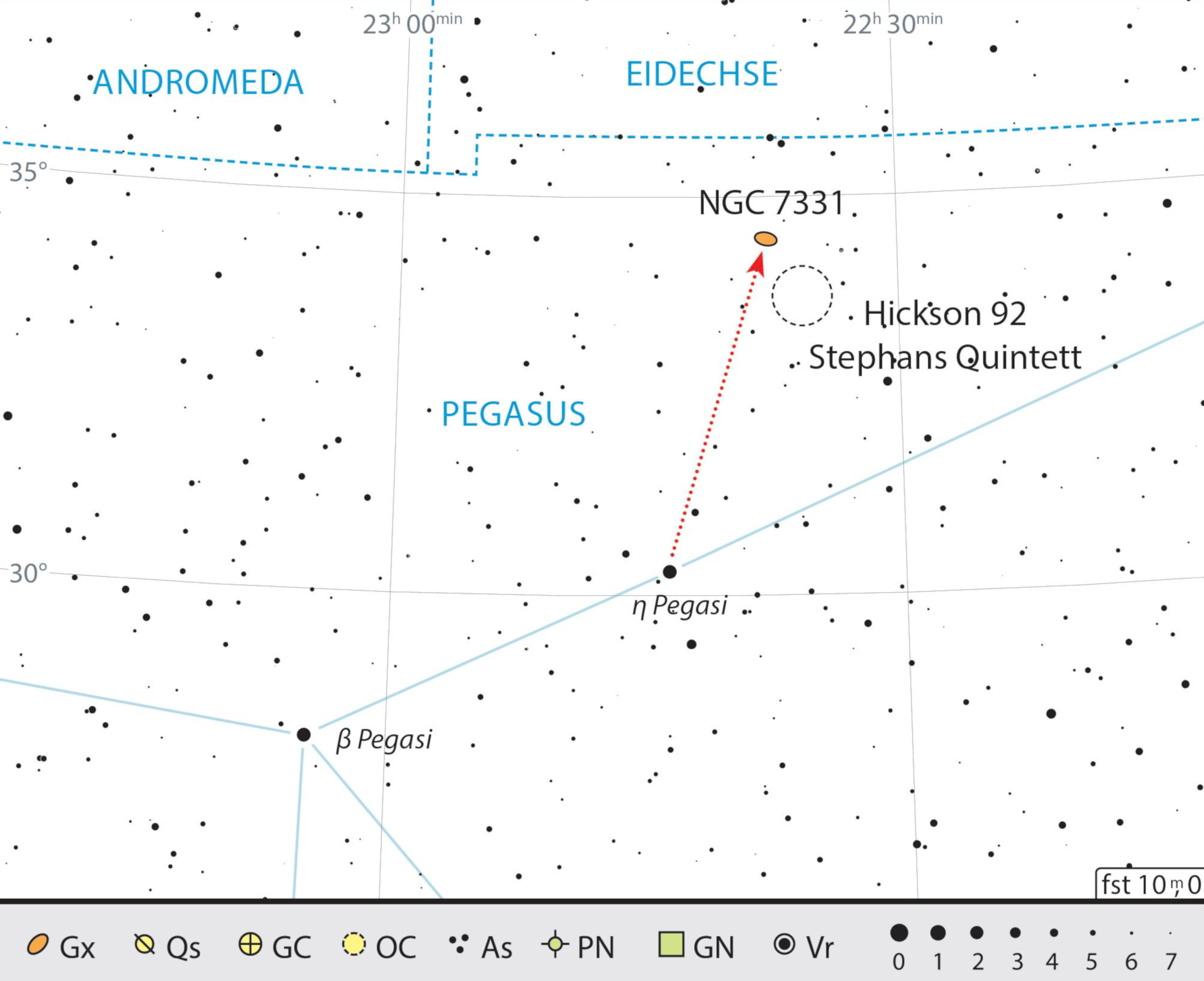 Mapa starhoppingu do NGC 7331 i znajdującej się na południe-południowy zachód od niej grupy galaktyk Hickson 92. J. Scholten
