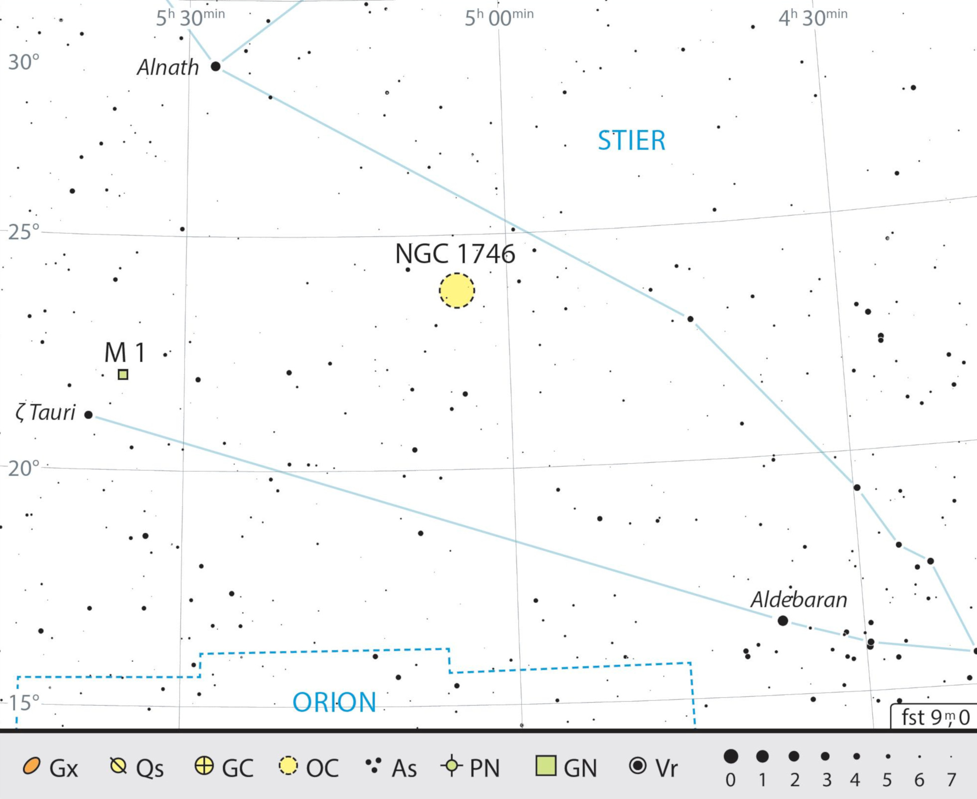 Mapa z zaznaczoną mgławicą Messier 1 w gwiazdozbiorze Byka. J. Scholten