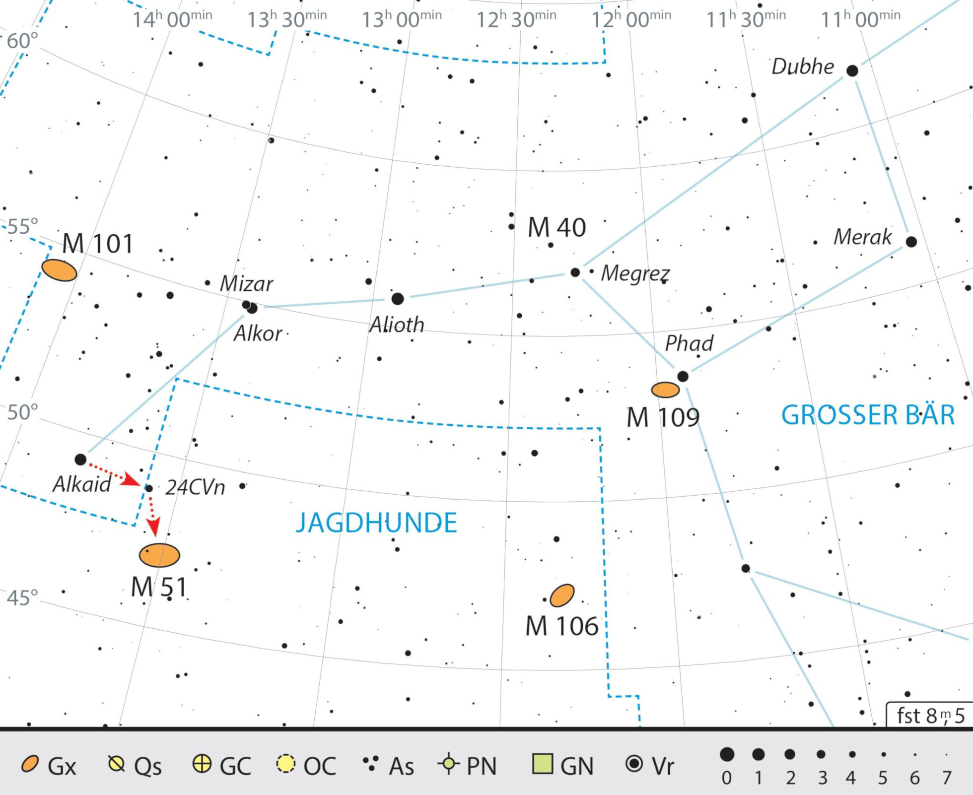 Mapa starhoppingu do M51 w gwiazdozbiorze Psów Gończych. J. Scholten
