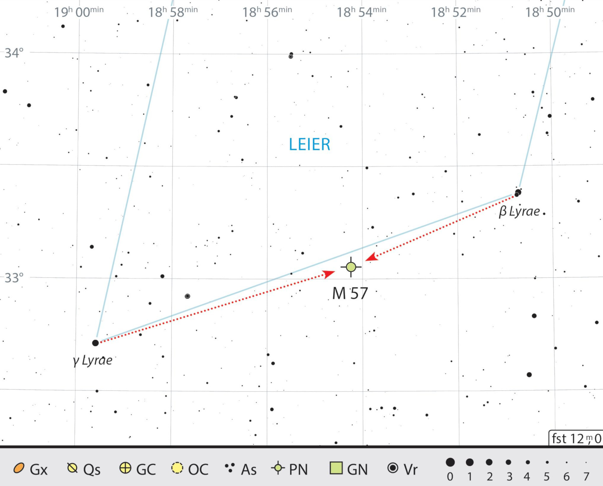 Mapa starhoppingu do mgławicy Pierścień w gwiazdozbiorze Lutni. J. Scholte