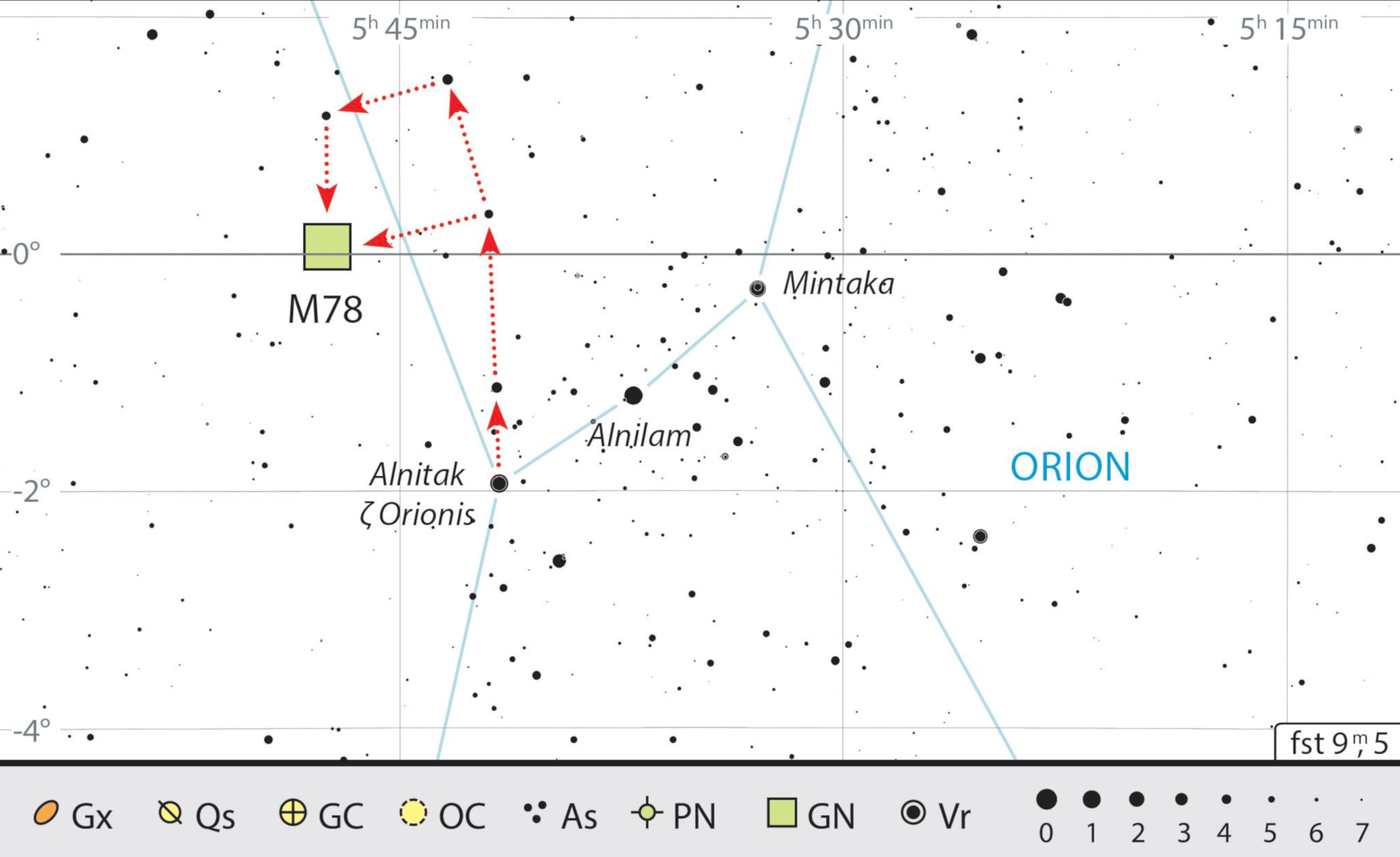 Mapa starhoppingu do M78 w Orionie. J. Scholten