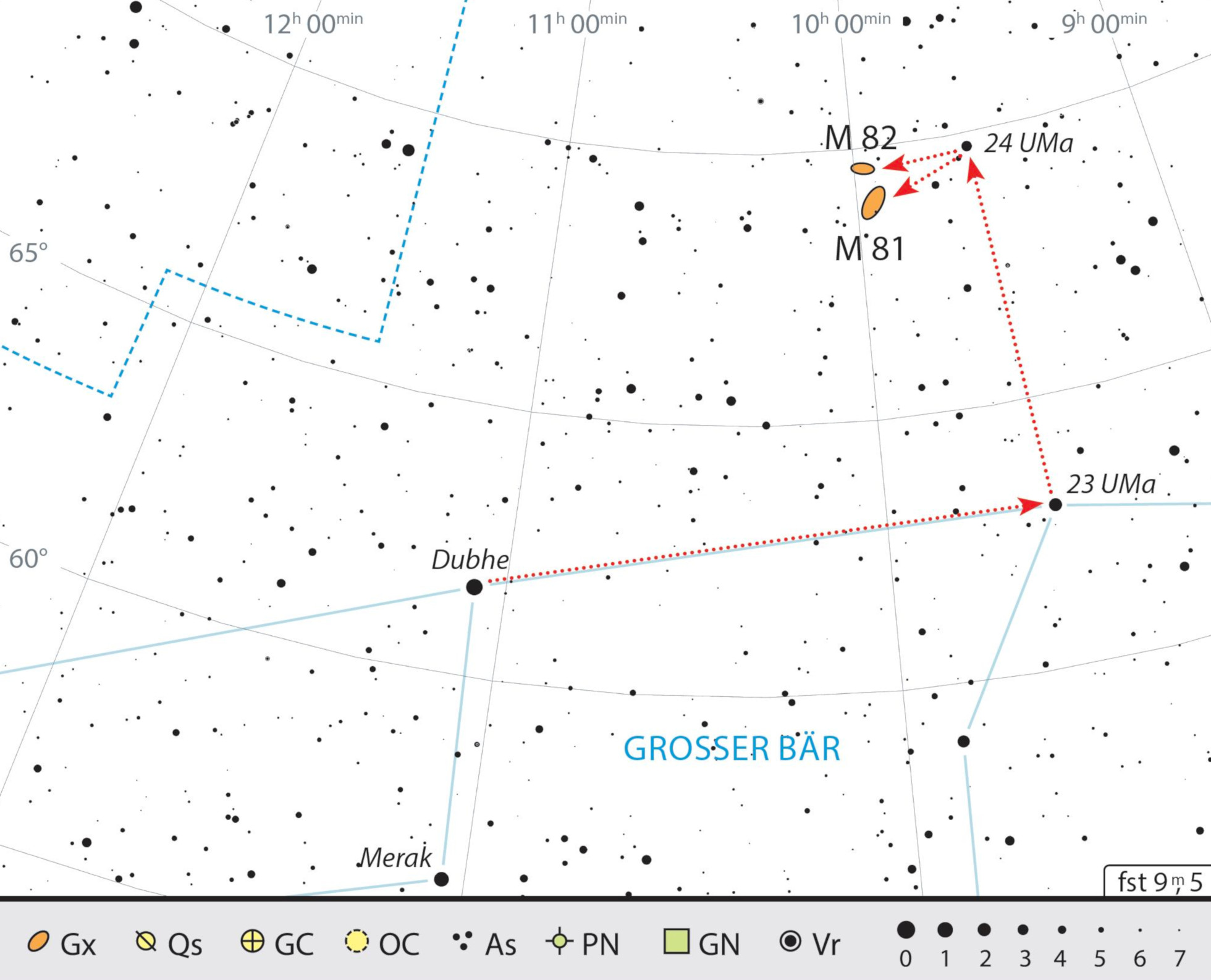 Mapa starhoppingu do M81 i M82 w gwiazdozbiorze Wielkiej Niedźwiedzicy. J. Scholten