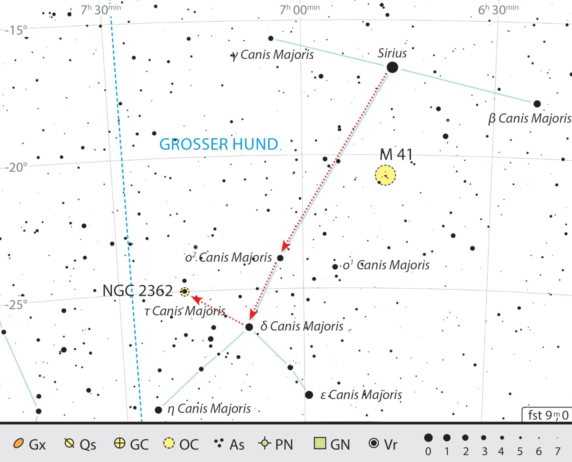 Mapa starhoppingu do gromady Tau Canis Maioris w gwiazdozbiorze Wielkiego Psa. J. Scholten