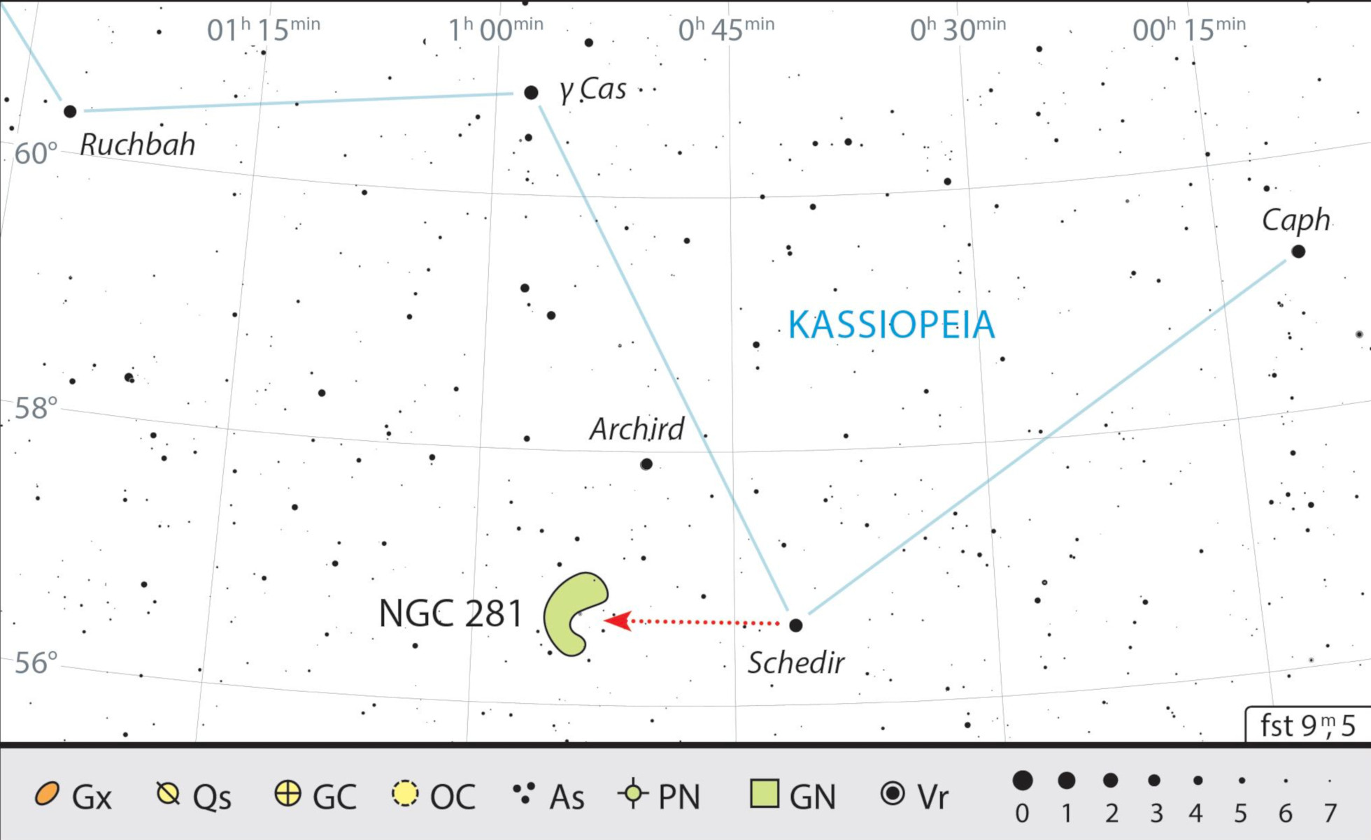 Mgławica Pacman leży bardzo blisko α Cas (Schedir), jednej z najjaśniejszych gwiazd Kasjopei. J. Scholten