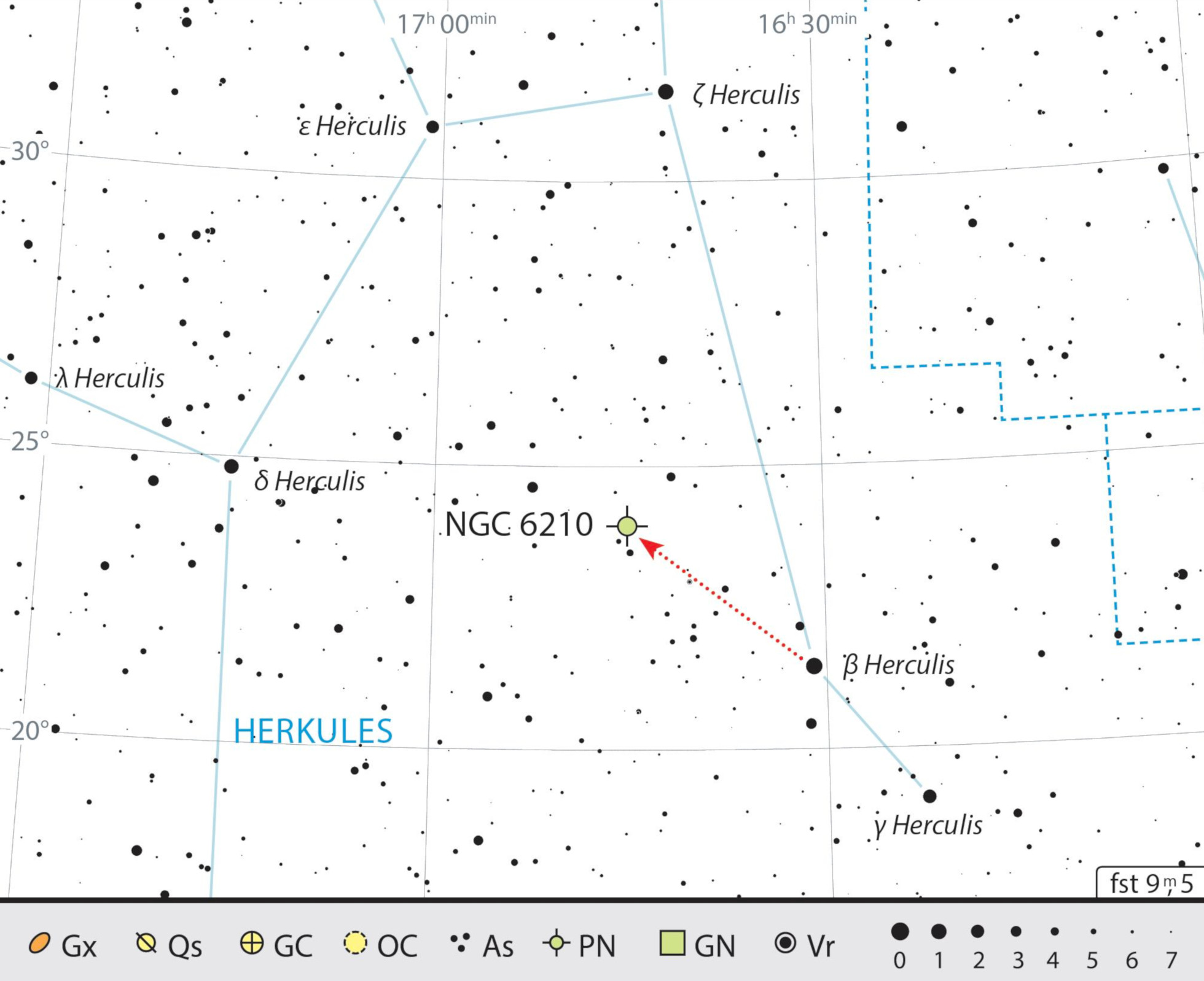 Mapa starhoppingu do NGC 6210 w gwiazdozbiorze Herkulesa. J. Scholten