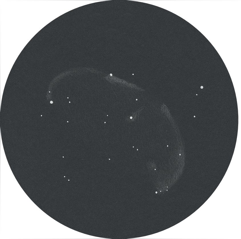 Szkic NGC 6888 widocznej na lekko rozjaśnionym niebie wiejskim przez teleskop Newtona 600mm. Daniel Spitzer