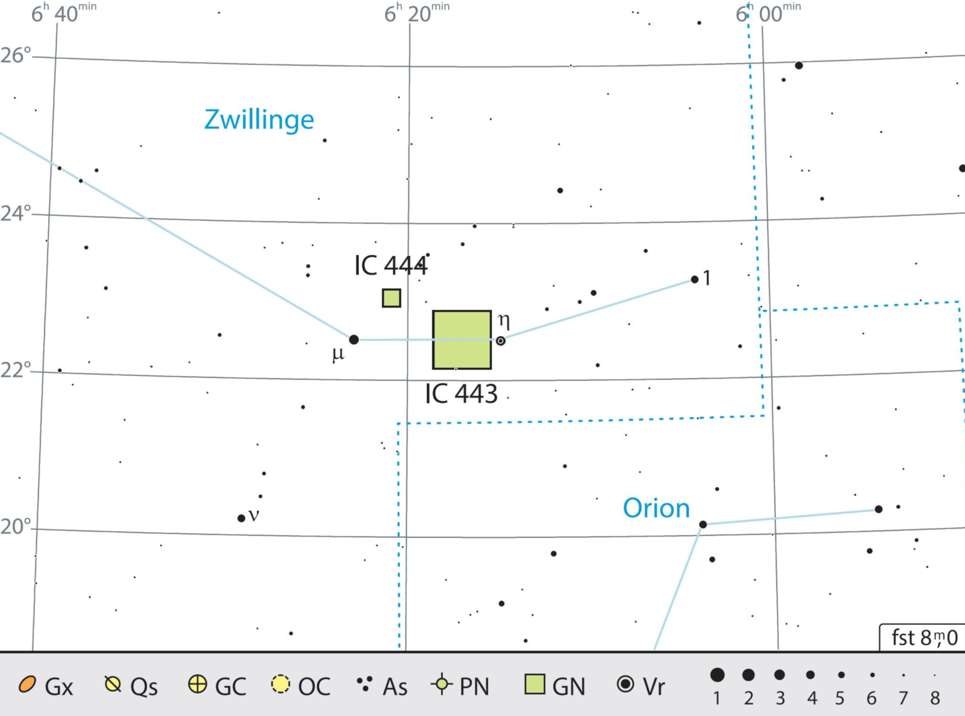 IC 443 jest łatwa do namierzenia pomiędzy gwiazdami μ i η w gwiazdozbiorze Bliźniąt. J. Scholten