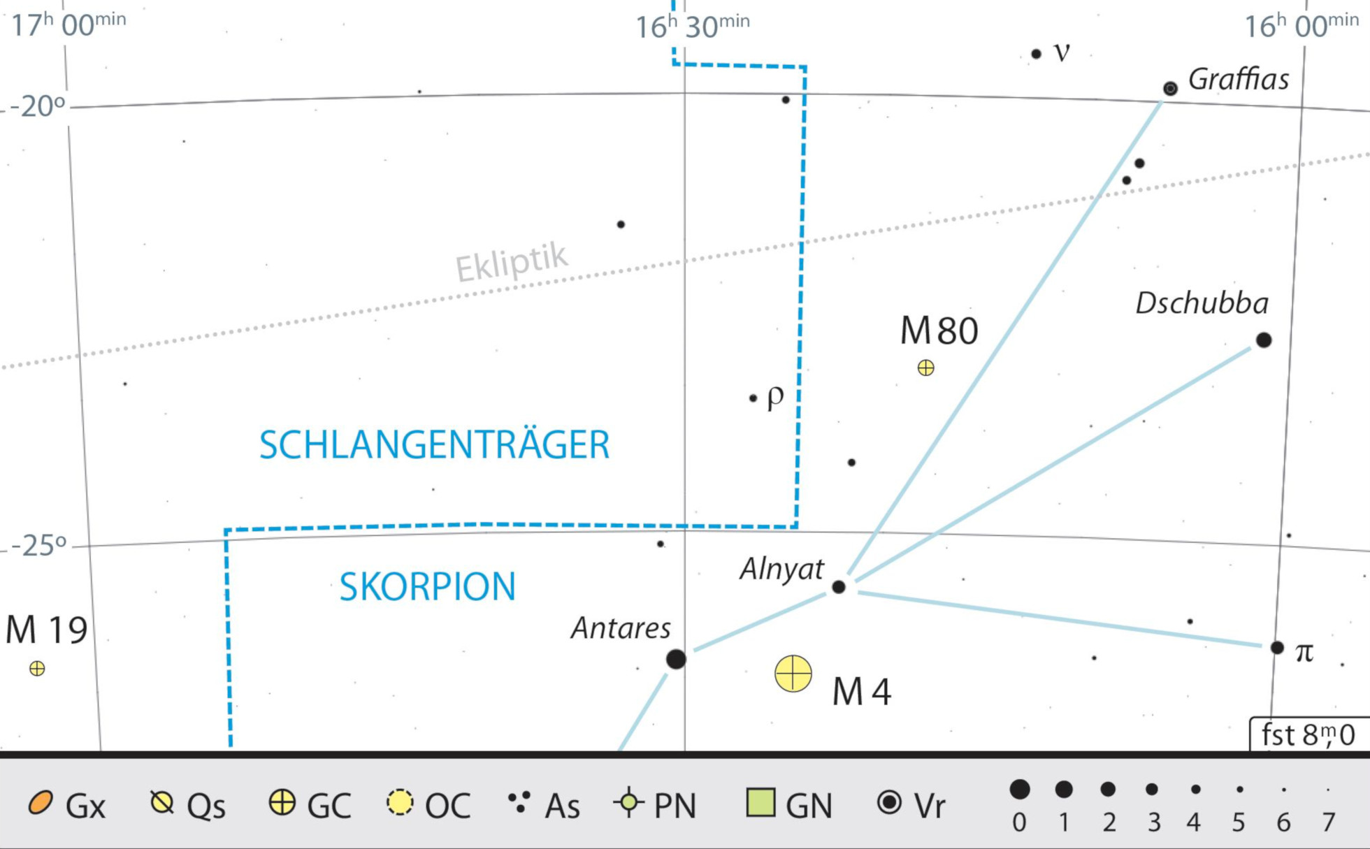 Mapa położenia ν Scorpii i M4. Kai v. Schauroth