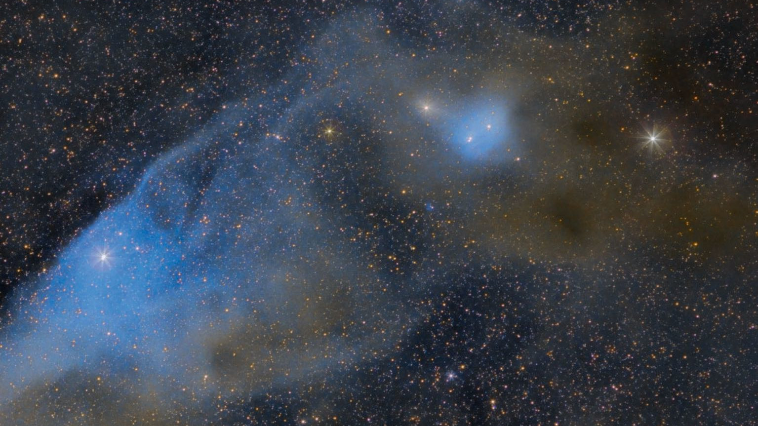 Mgławica "Błękitny Koński Łeb", IC 4592, w Skorpionie (kierunek północny na dole). ν Scorpii leży na mostku nosowym i nadaje mgławicy niebieskawe zabarwienie. Poniżej "uszu" widać również niebieskawą mgławicę IC 4601. Scott Rosen