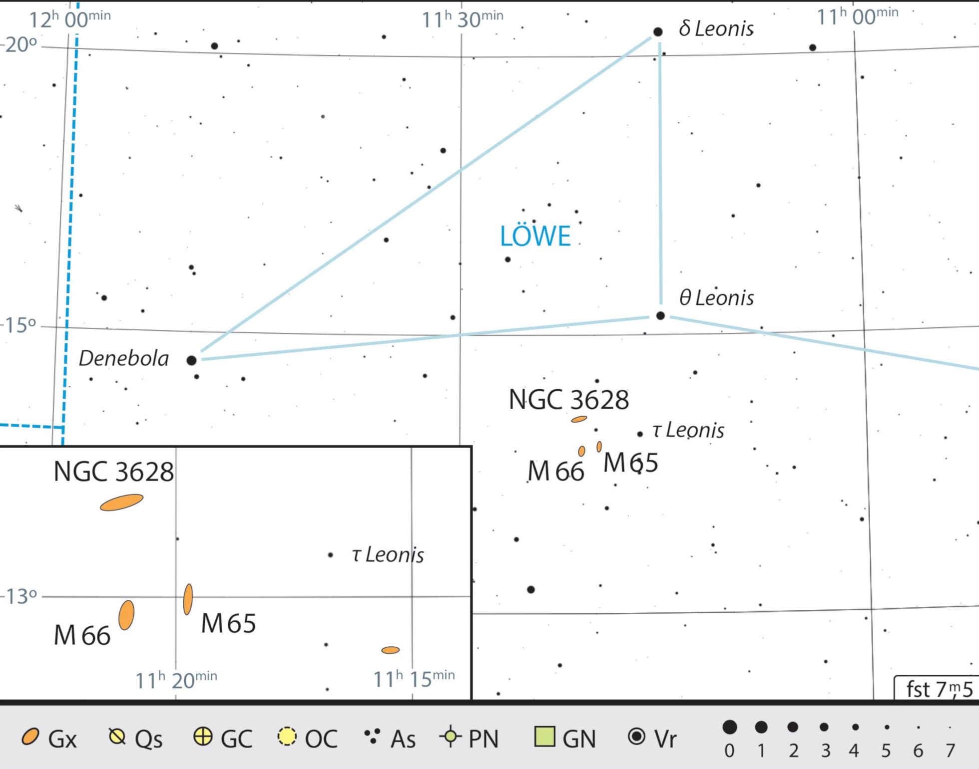 Startując od thety Leonis, M65 i M66 leżą jedynie w odległości kilku pól widzenia teleskopu. J. Scholten