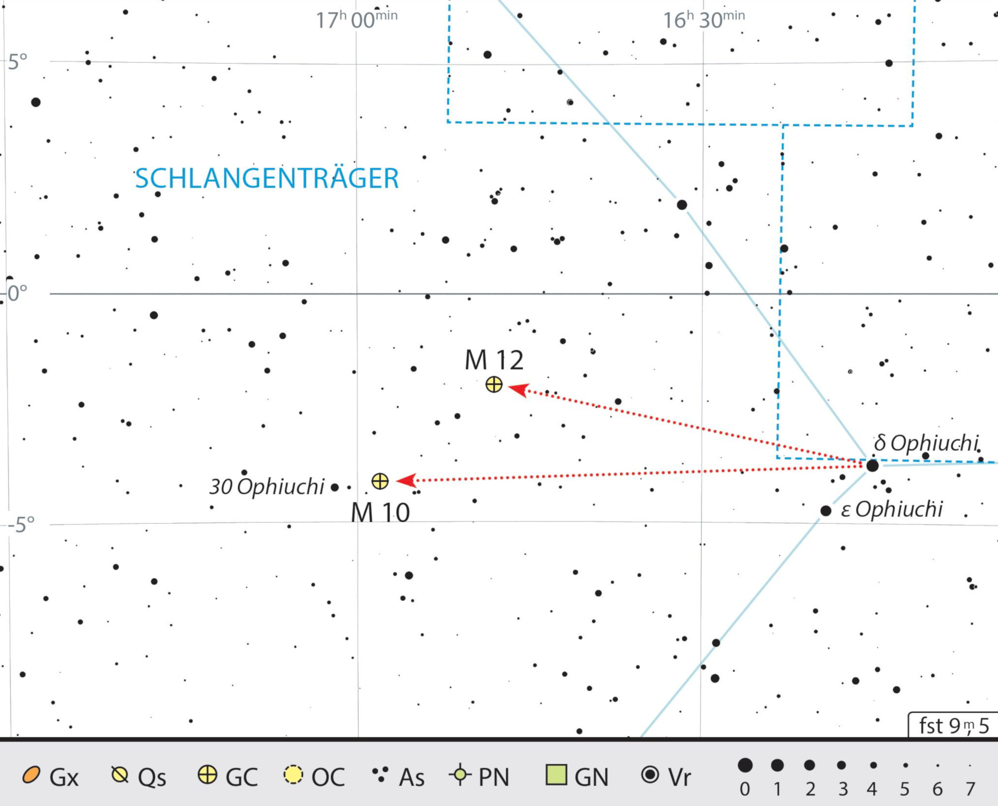 Mapa starhoppingu do gromad kulistych M10 i M12 w gwiazdozbiorze Wężownika. J. Scholten