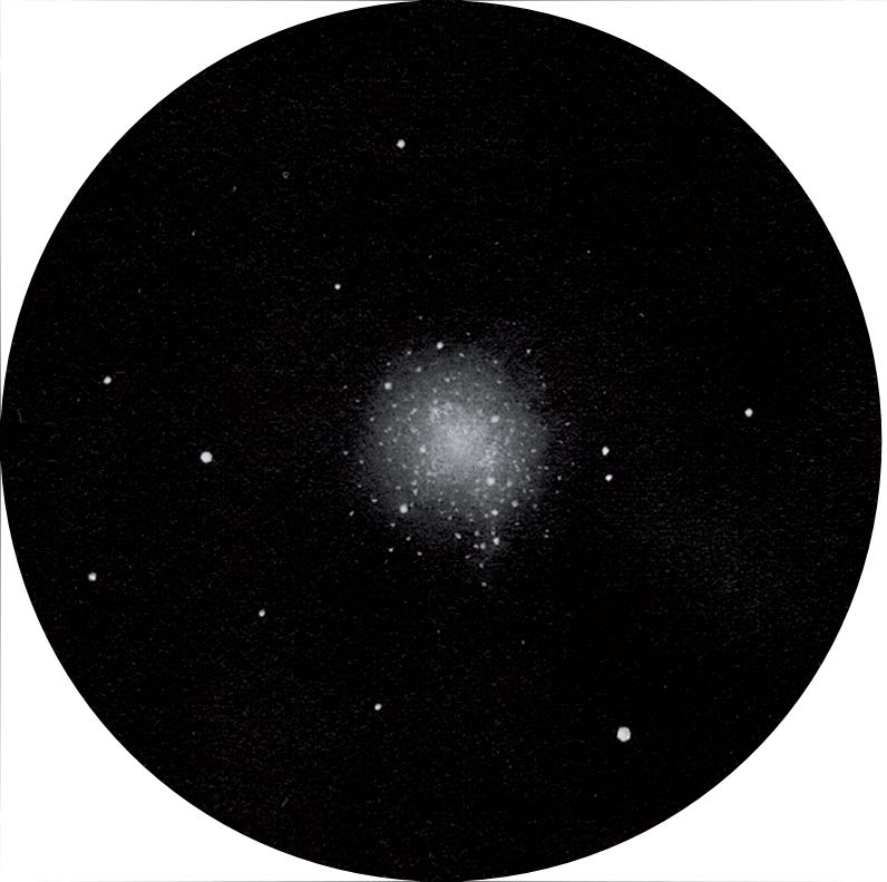 Szkic gromady kulistej M10 widocznej przez 4-calowy teleskop Newtona przy 48-krotnym powiększeniu. Peter Kiss