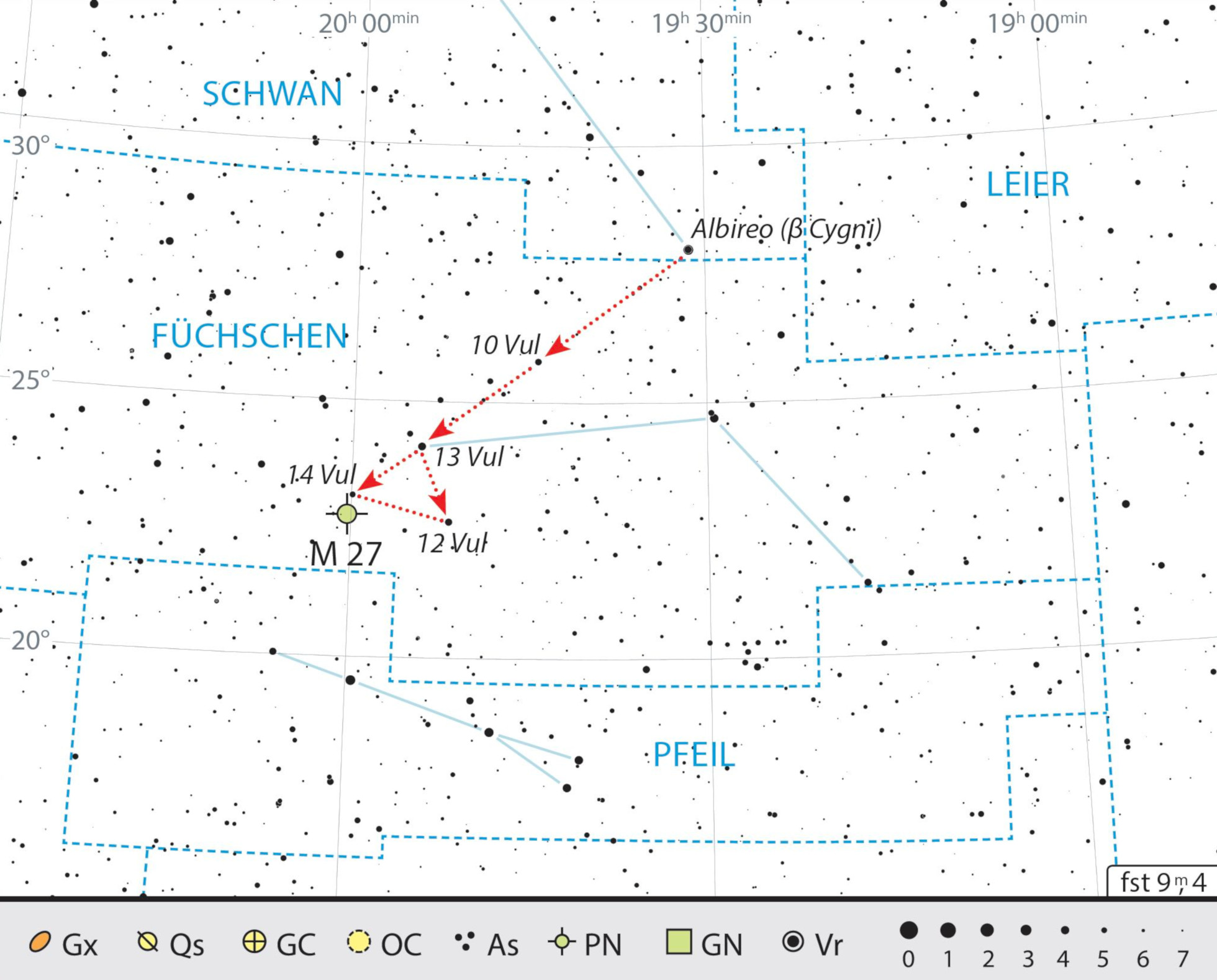 Mapa starhoppingu do Messiera 27. J. Scholten