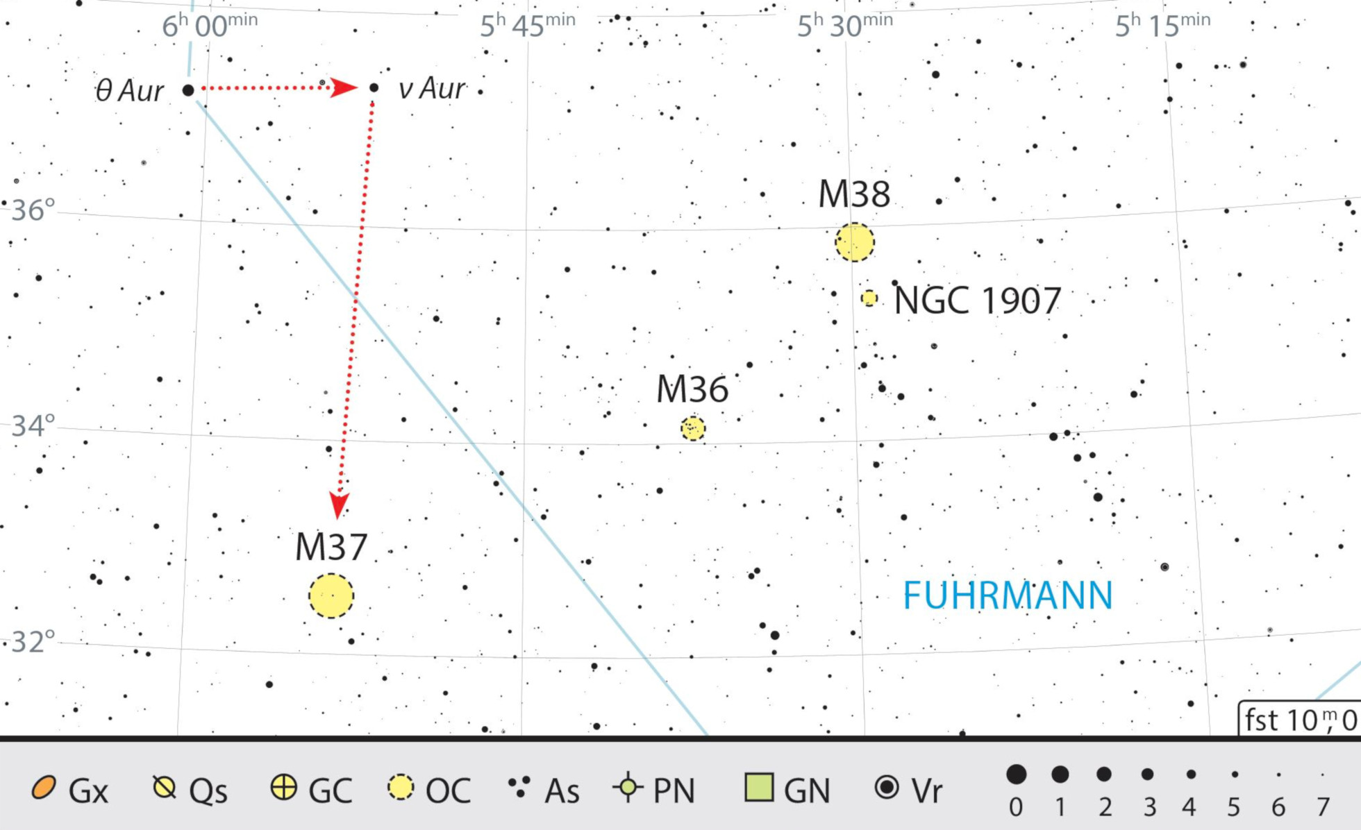Mapa starhoppingu do M37. J. Scholten