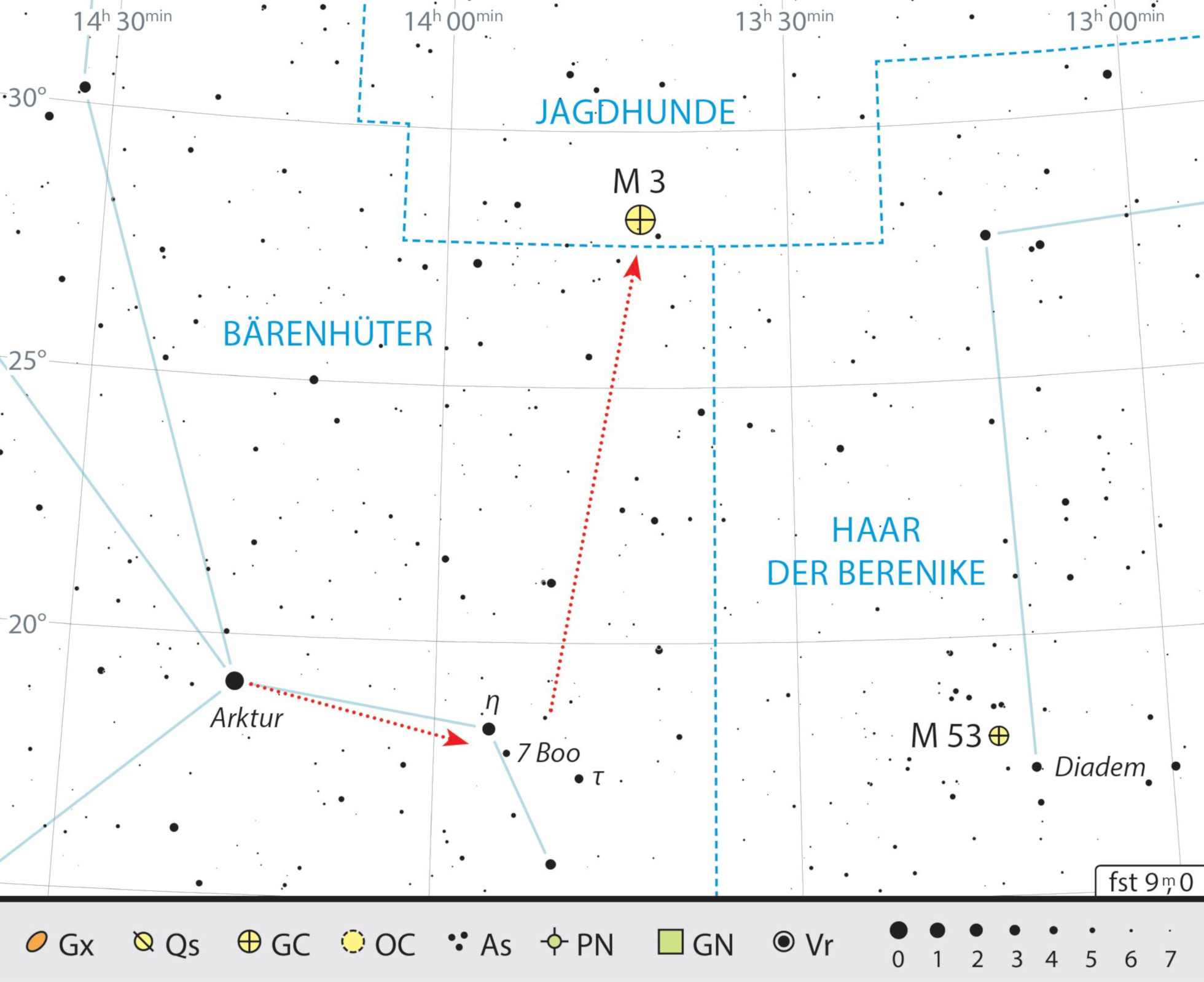 Mapa starhoppingu do M3 w gwiazdozbiorze Psów Gończych. J. Scholte