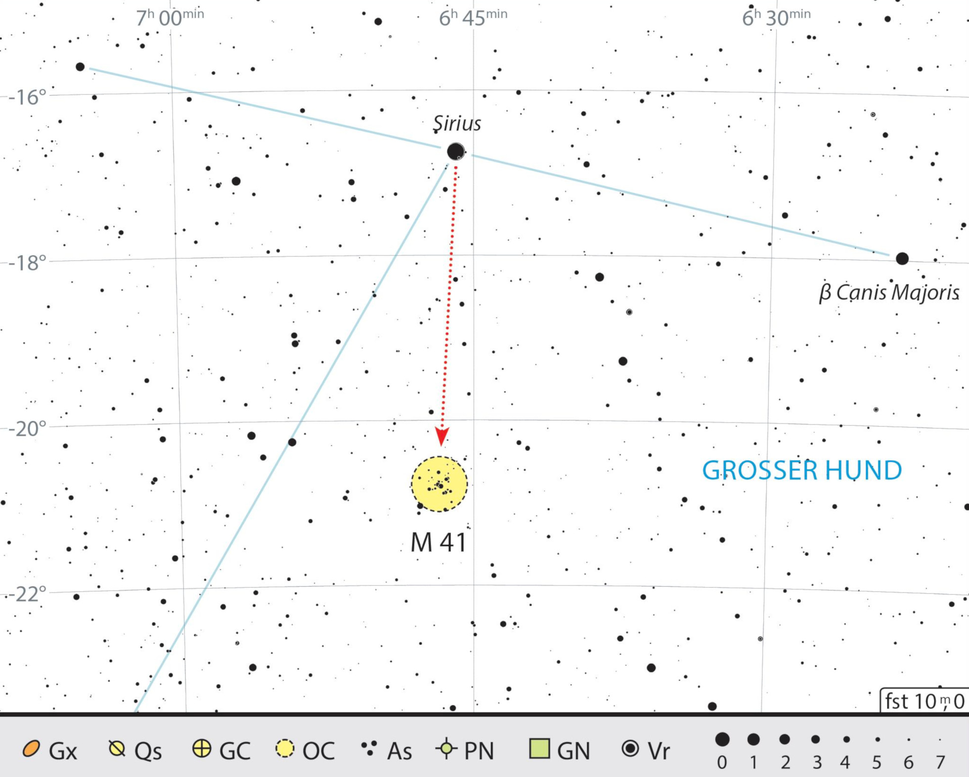 Mapa starhoppingu do Messiera 41 w gwiazdozbiorze Wielkiego Psa. J. Scholten