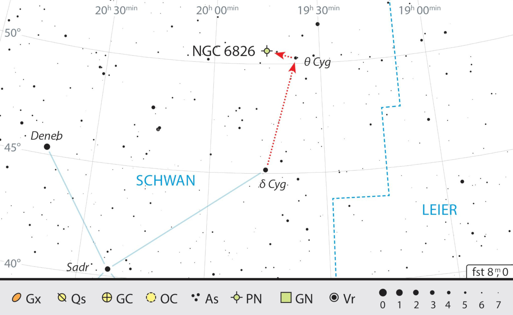 NGC 6826 można namierzyć poprzez gwiazdy δ Cygni i θ Cygni. J. Scholten