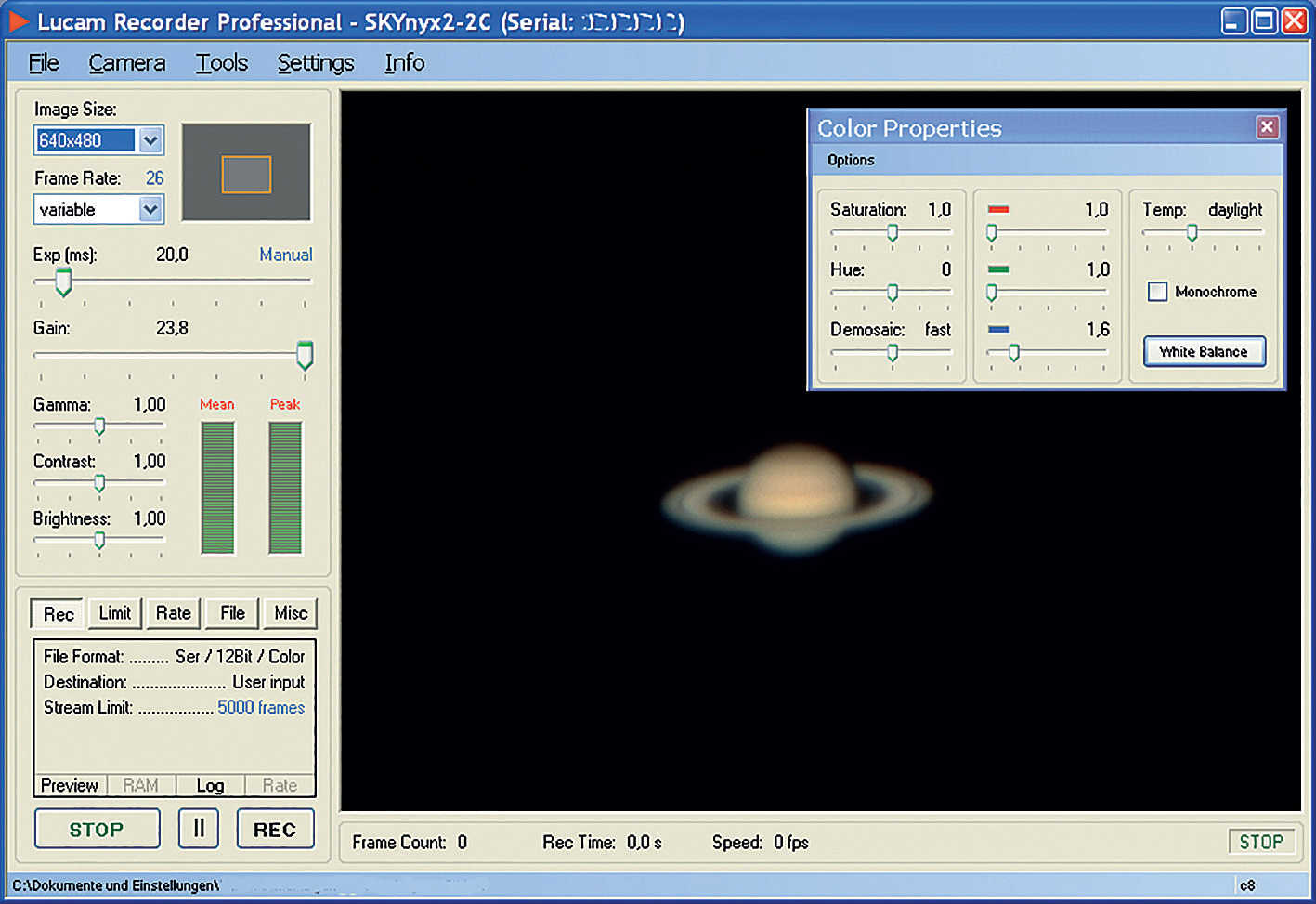 Zrzut ekranu Lucam Recorder podczas nagrywania Saturna. U. Dittler