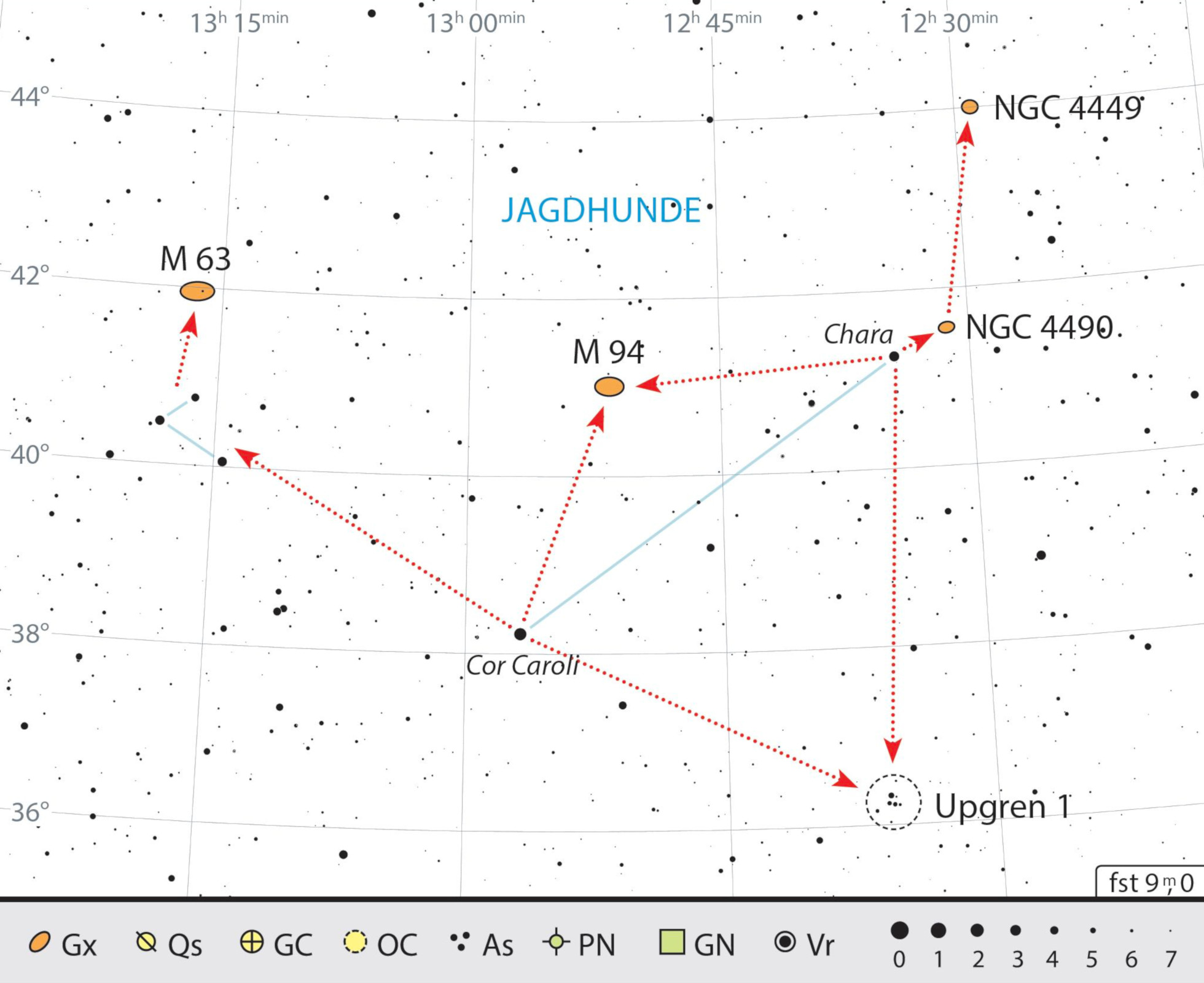 Mapa z opisanymi obiektami. W ubogim w gwiazdy rejonie Psów Gończych namierzanie galaktyk może być wyzwaniem. J. Scholten