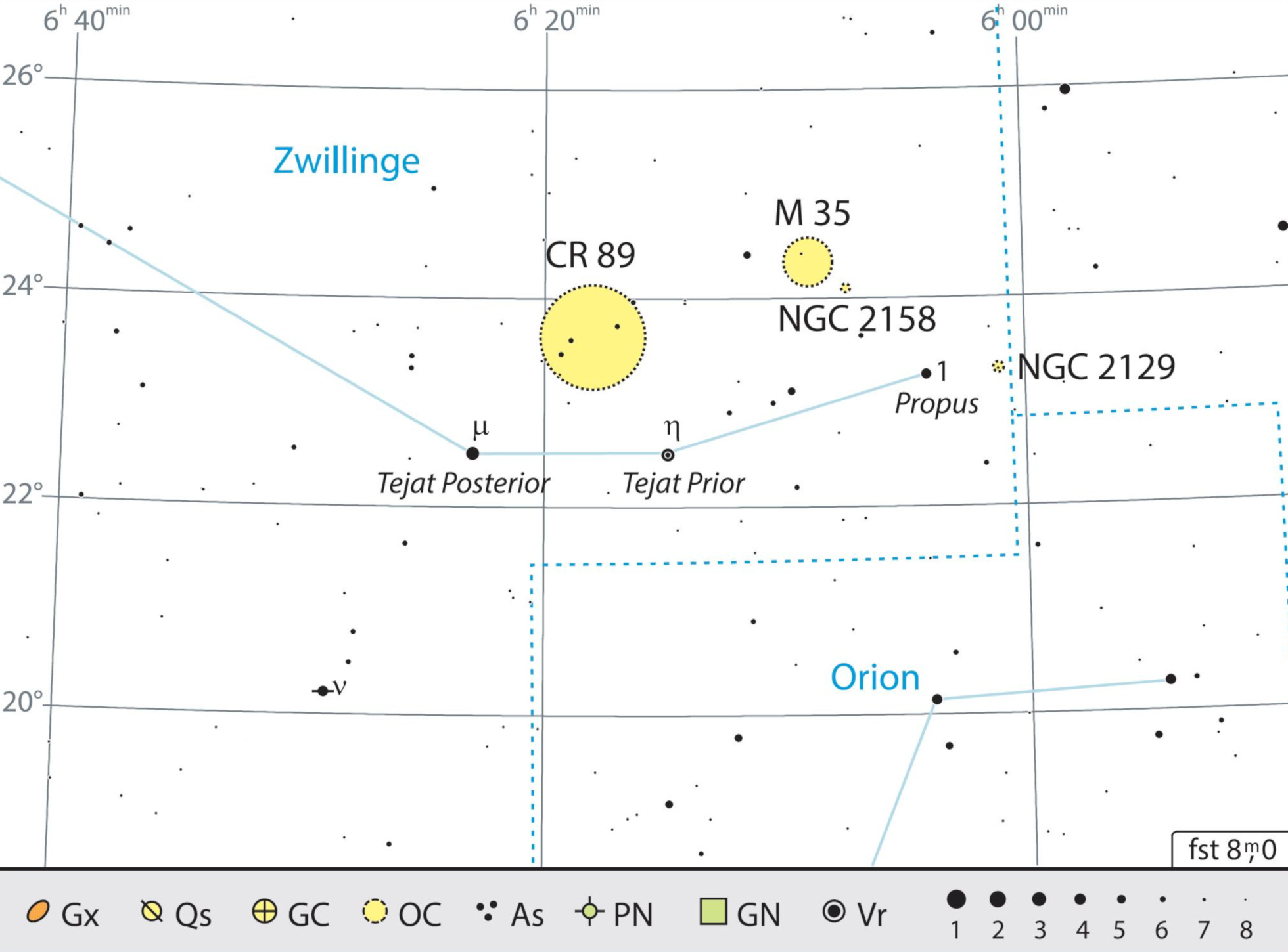 Mapa z obiektami wycieczki lornetkowej w gwiazdozbiorze Bliźniąt. J. Scholten