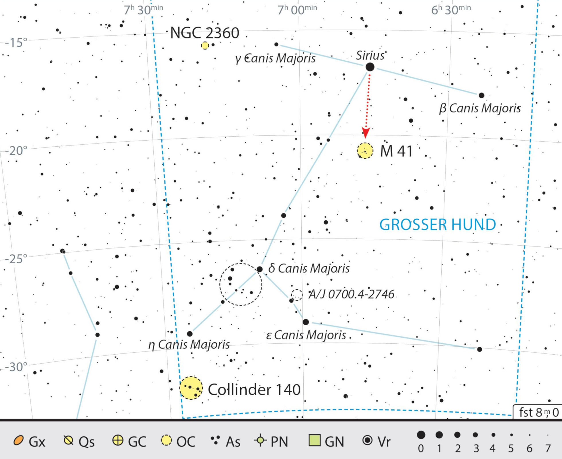 Mapa z obiektami lornetkowymi w gwiazdozbiorze Wielkiego Psa. J. Scholten