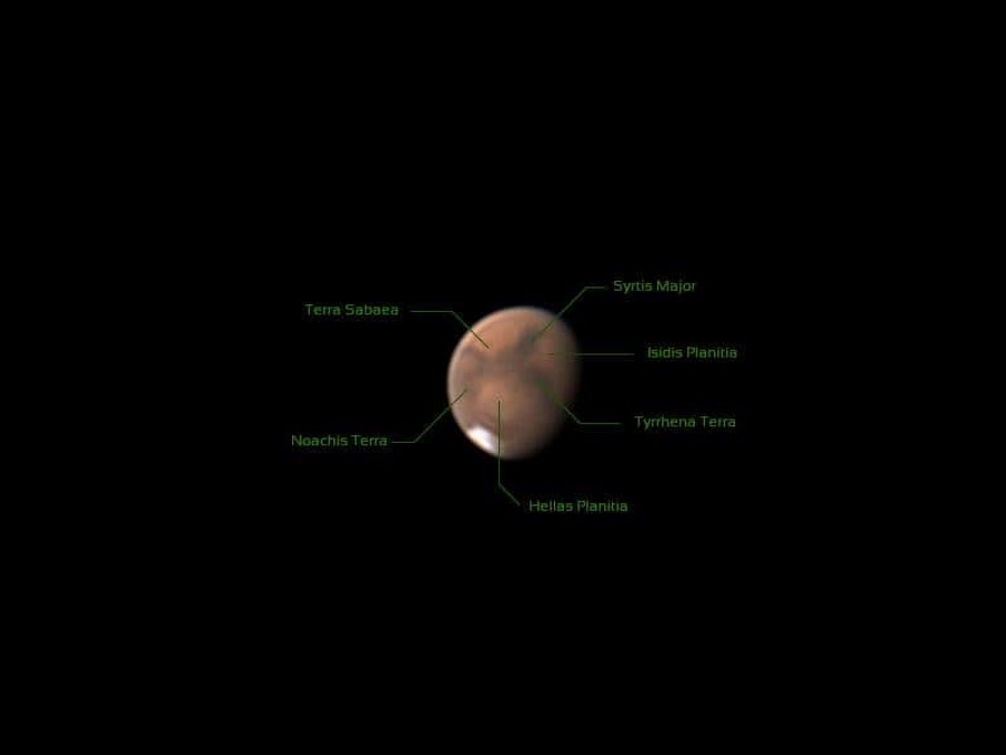 Zdjęcie Marsa wykonane za pomocą 8" SC, ZWO ASI 224MC, ADC - przy bardzo dobrym seeingu w sierpniu 2020 roku. Fot. J. Bates, Berlin