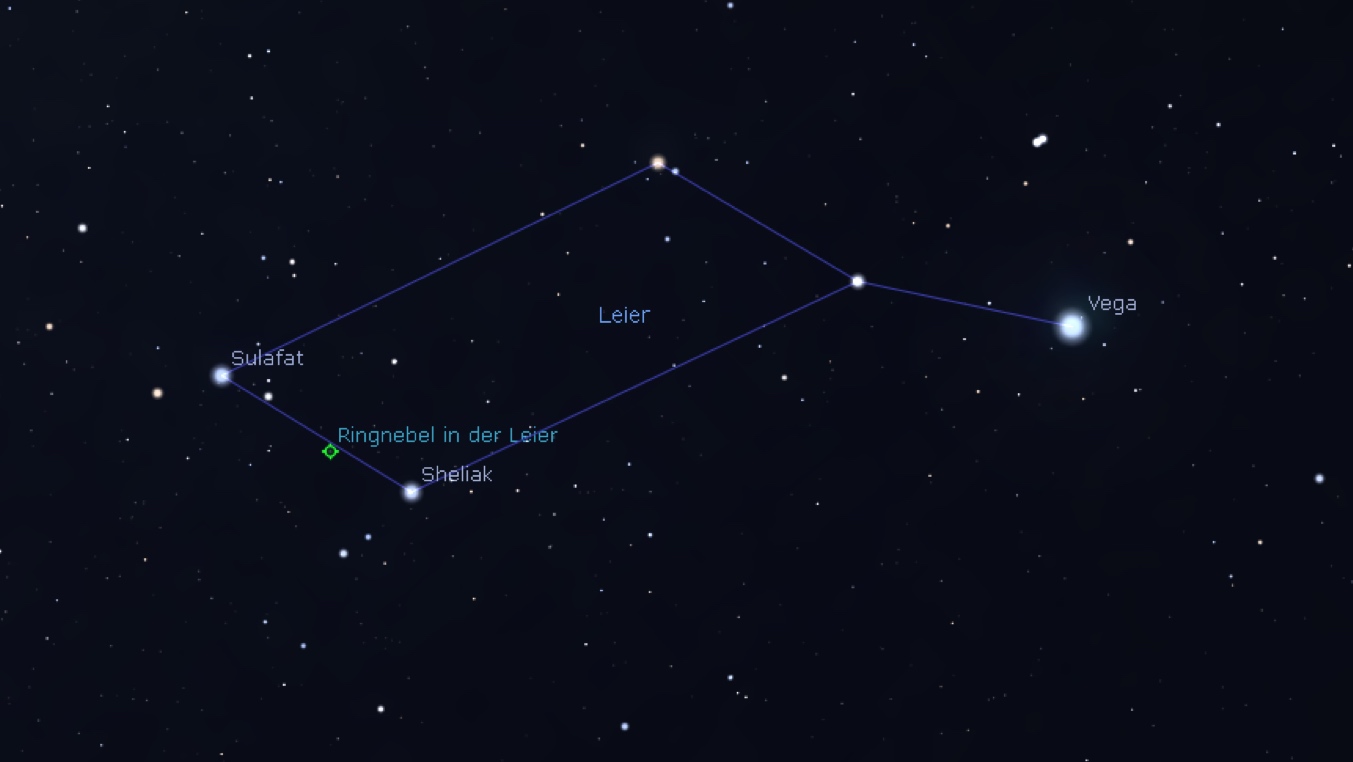 Mapka poglądowa okolic mgławicy Pierścień (Stellarium)
