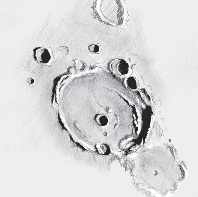 Szkic Posidoniusa: uderzającą cechą jest pasmo górskie, które lekko spiralnie biegnie we wnętrzu krateru. Serge Vieillard