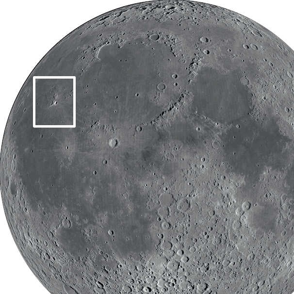 Jasny krater Aristarchus znajdziesz w pobliżu zachodniej krawędzi Księżyca. NASA/GSFC/Arizona State University