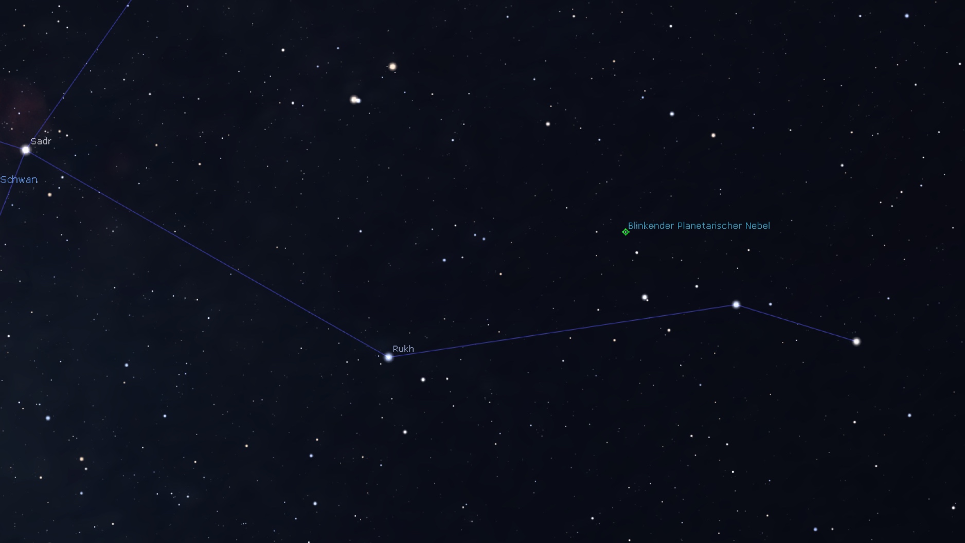Mapka poglądowa okolic mrugającej mgławicy planetarnej (Stellarium)