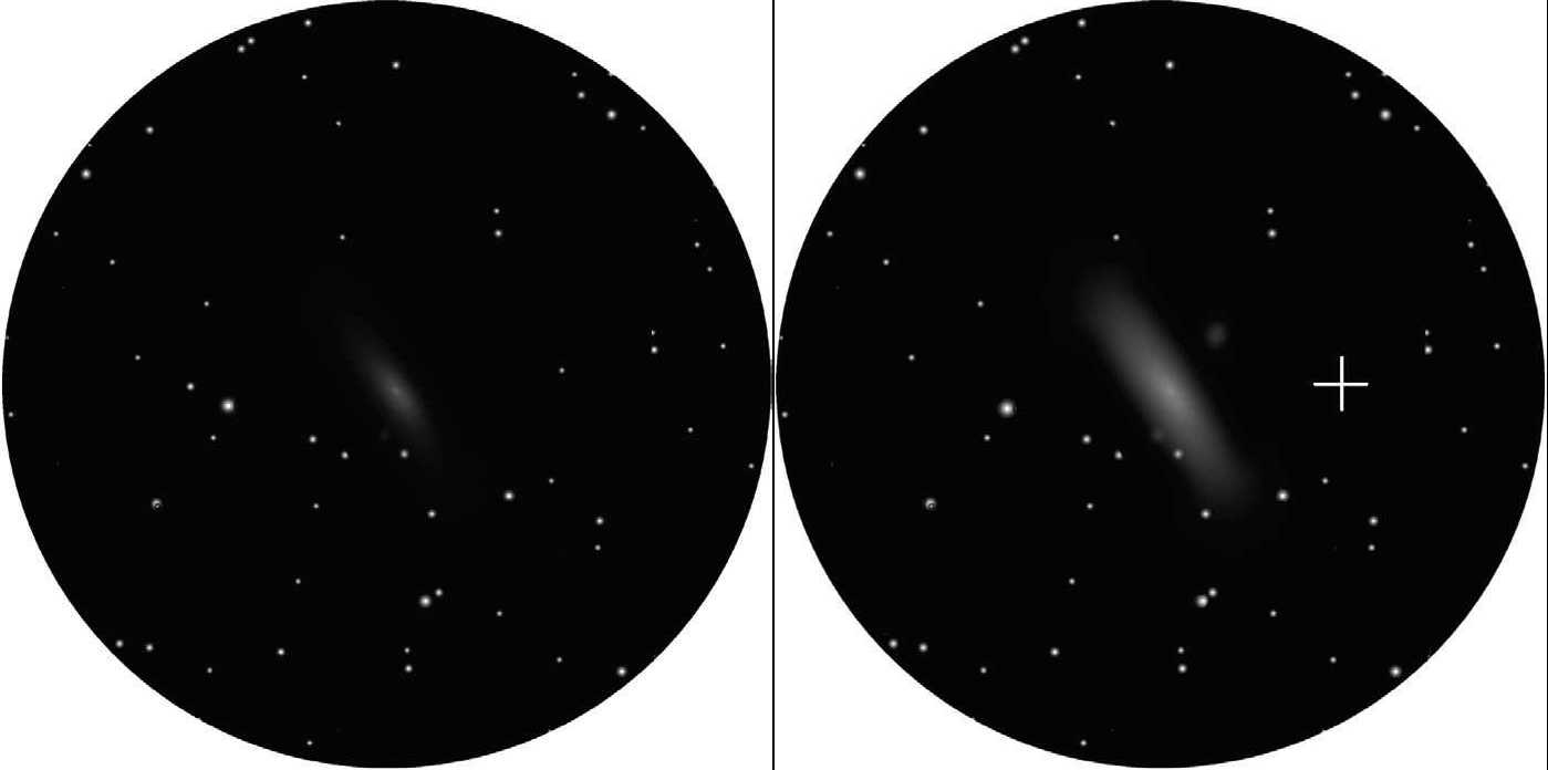 Przy wykorzystaniu metody zerkania (po prawej) widoczne stają się także zewnętrzne obszary dysku Galaktyki Andromedy, M31. Krzyżyk wyznacza możliwy punkt na którym należy skupić uwagę oka, którym obserwujemy. L. Spix