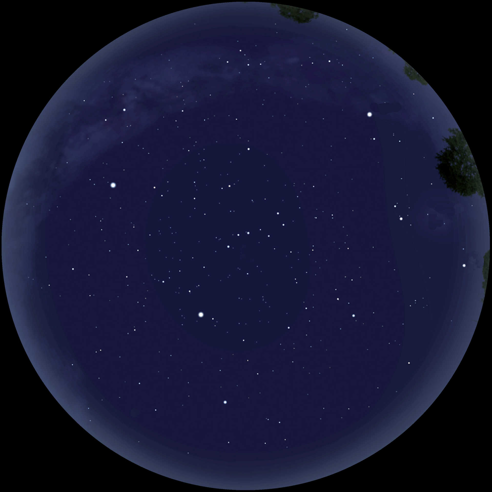 Wiosenne nocne niebo jako panorama 360°. Bez odpowiedniej nawigacji orientacja jest utrudniona. Stellarium