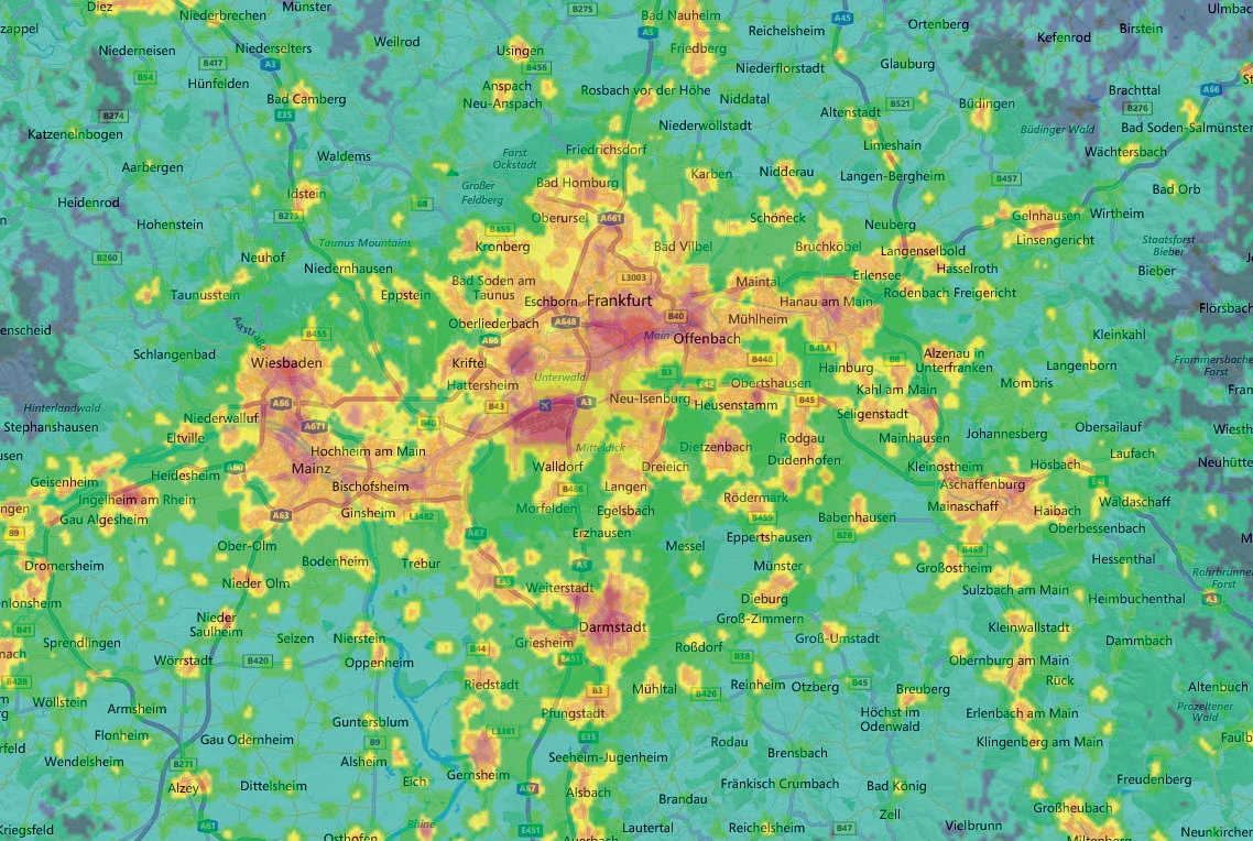 Fragment mapy LP z szerokim obszarem wokół Frankfurtu. Jurij Stare, www.lightpollutionmap.info / Earth Observation Group, NOAA National Geophysical Data Center