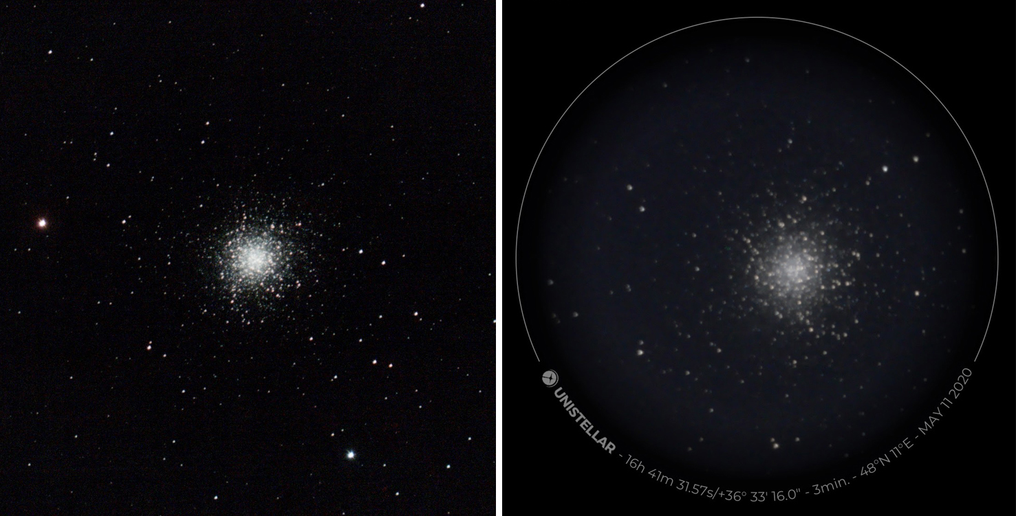 Stellina vs. eVscope: porównanie obrazów gromady kulistej M13. Czas ekspozycji: Vaonis 25 minut, Unistellar 3 minuty.
 