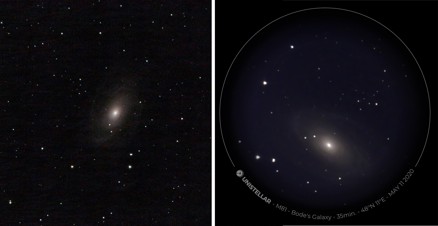 Porównanie możliwości obu teleskopów na przykładzie galaktyki M81. Czas ekspozycji: Vaonis 30 minut, Unistellar 35 minut.
