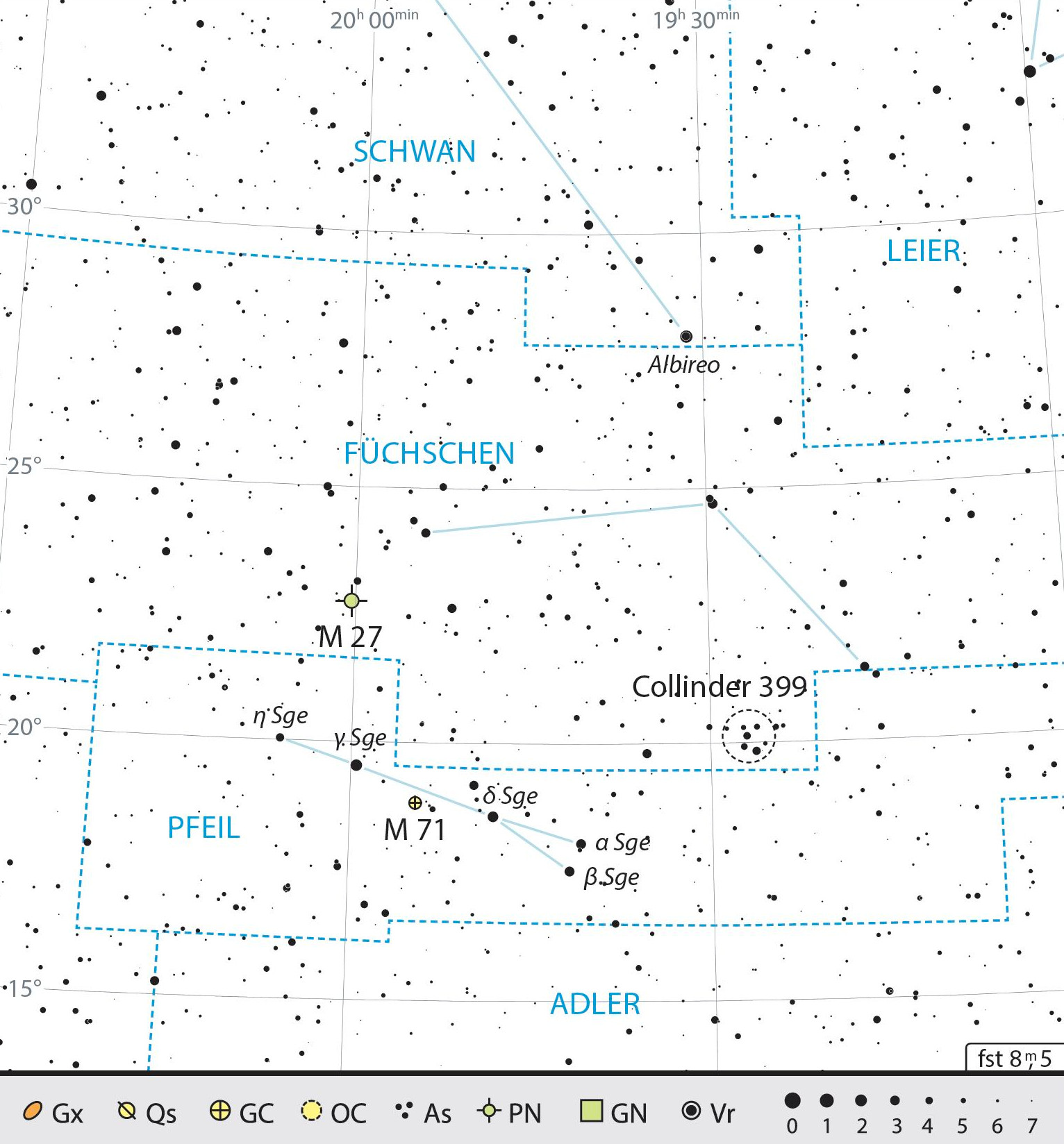 Mapa przeglądowa gwiazdozbiorów Strzały i Liska z polecanymi celami obserwacyjnymi. J. Scholten