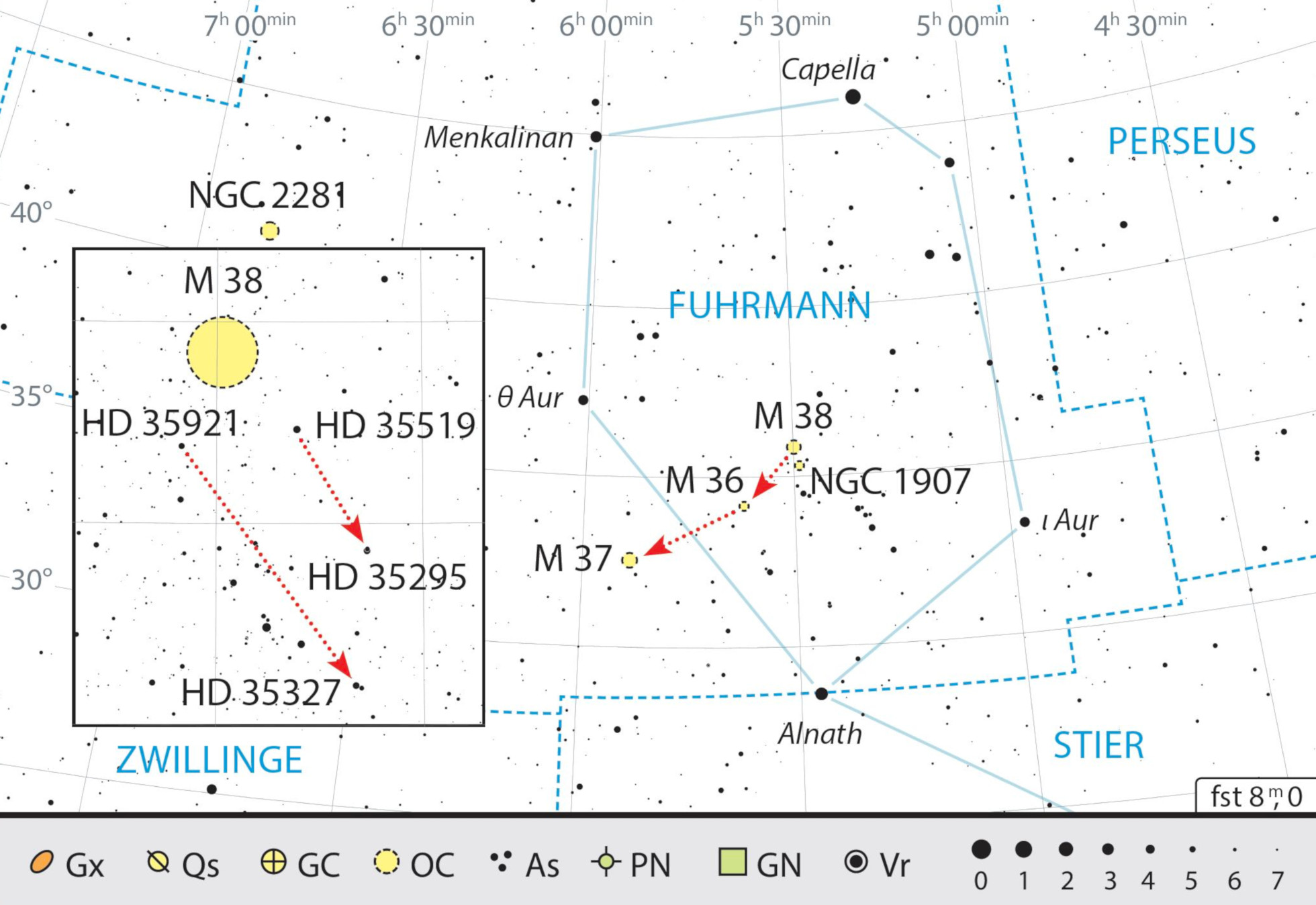 Mapa przeglądowa gwiazdozbioru Woźnicy z polecanymi celami obserwacyjnymi. J. Scholten