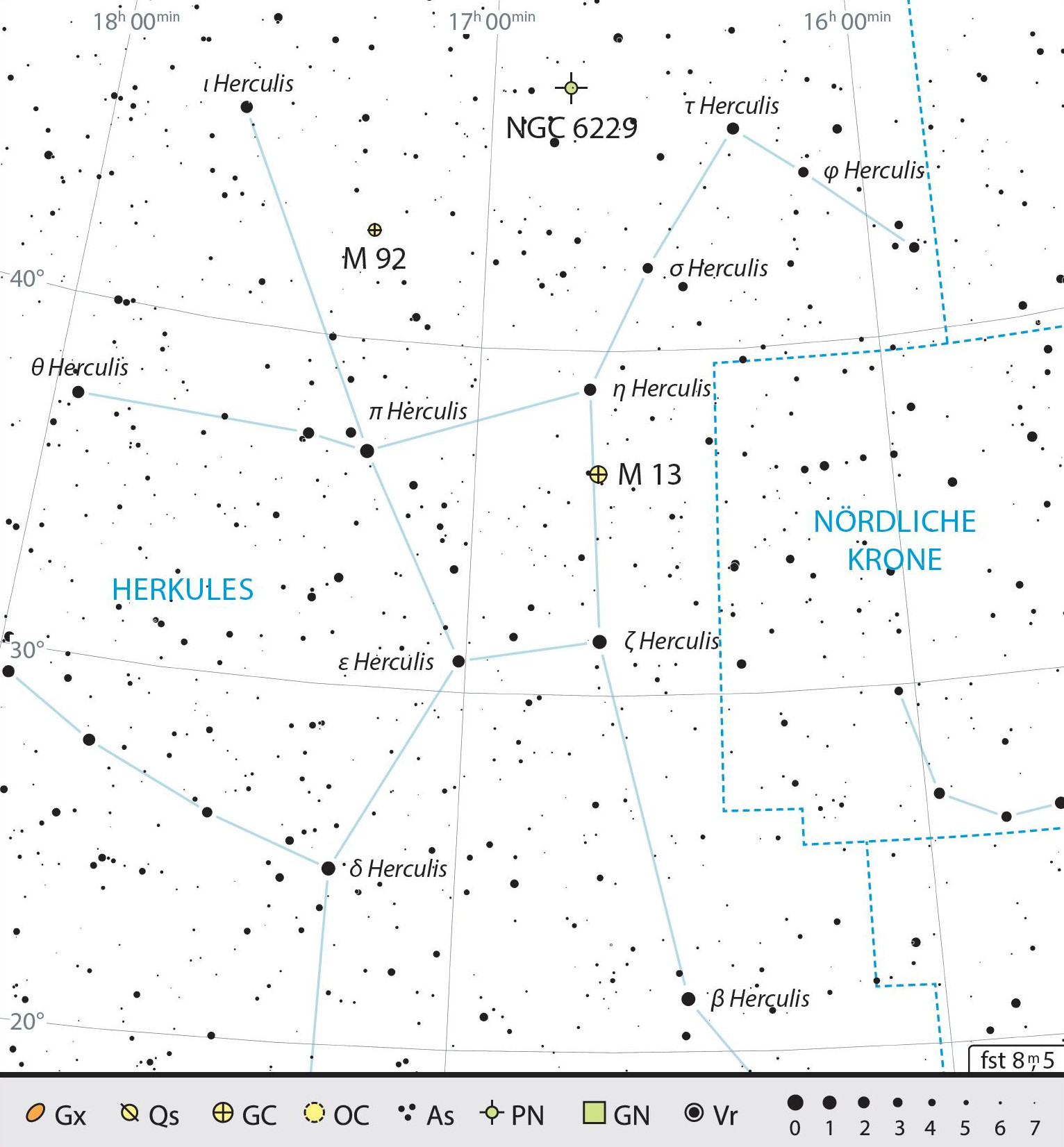 Mapa przeglądowa gwiazdozbioru Herkulesa z polecanymi celami obserwacyjnymi. J. Scholten