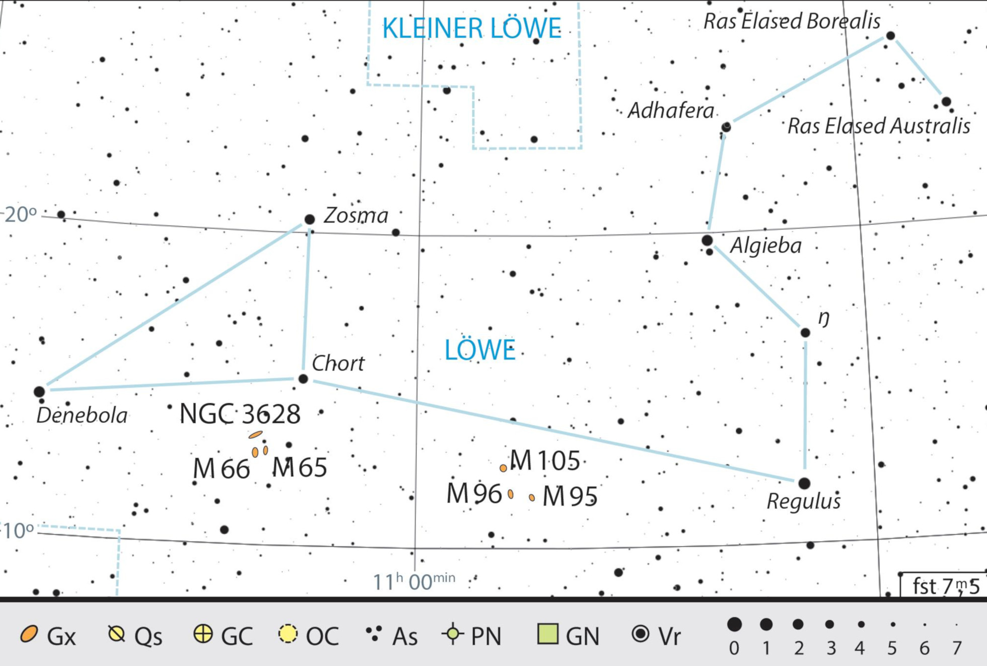 Mapa przeglądowa gwiazdozbioru Lwa z polecanymi celami obserwacyjnymi. J. Scholten