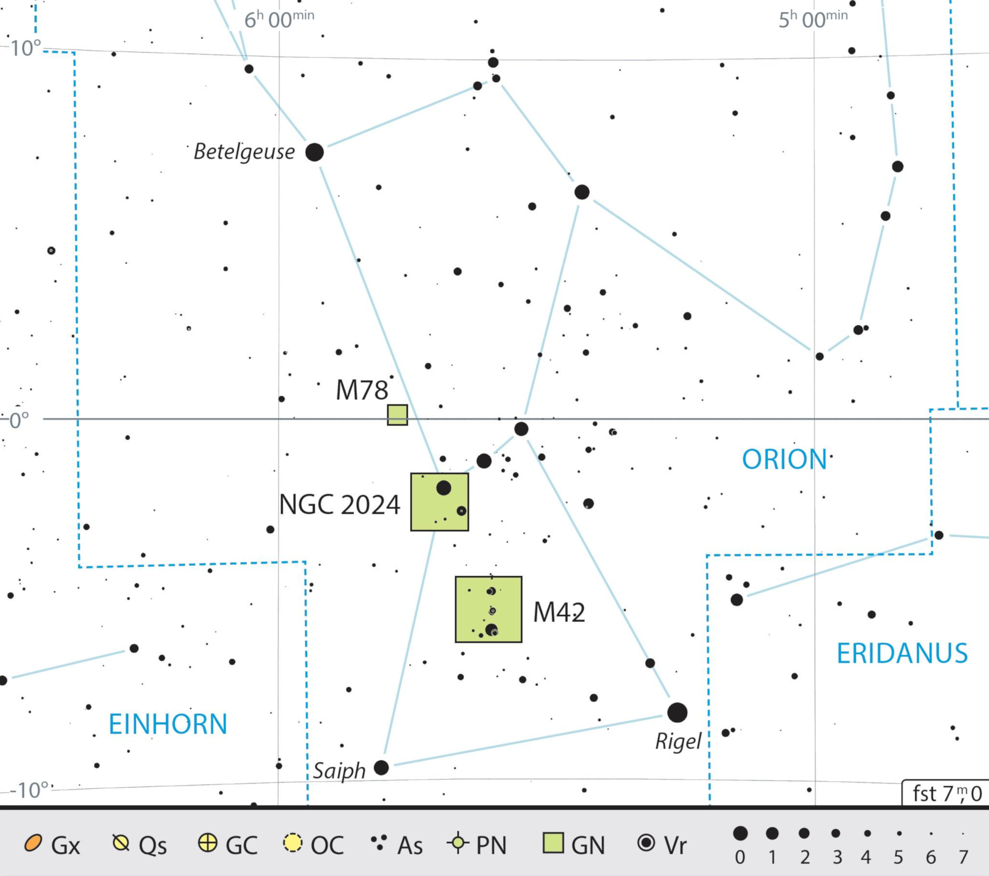Mapa przeglądowa gwiazdozbioru Oriona z polecanymi celami obserwacyjnymi. J. Scholten