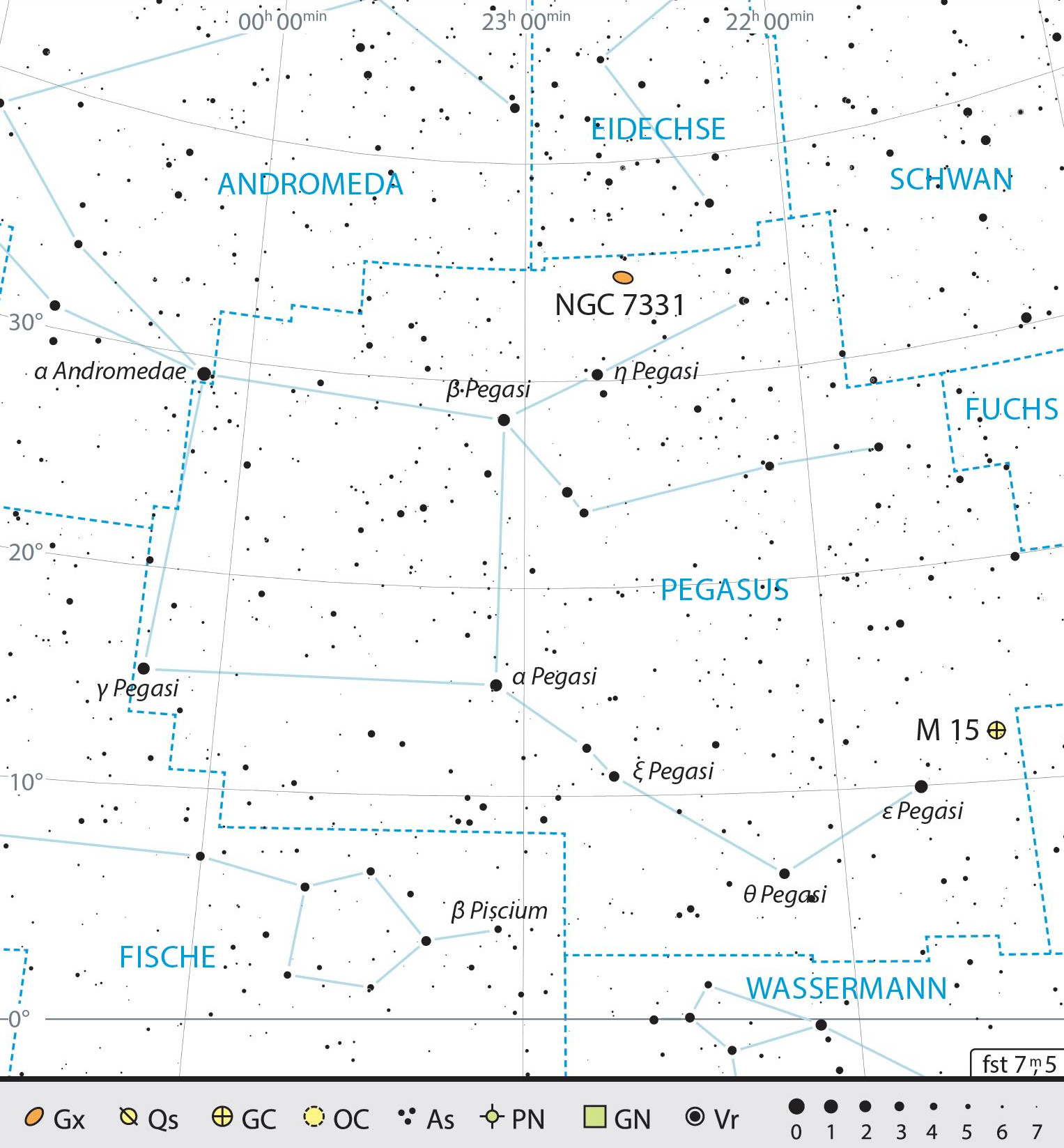 Mapa przeglądowa gwiazdozbioru Pegaza z polecanymi celami obserwacyjnymi. J. Scholten