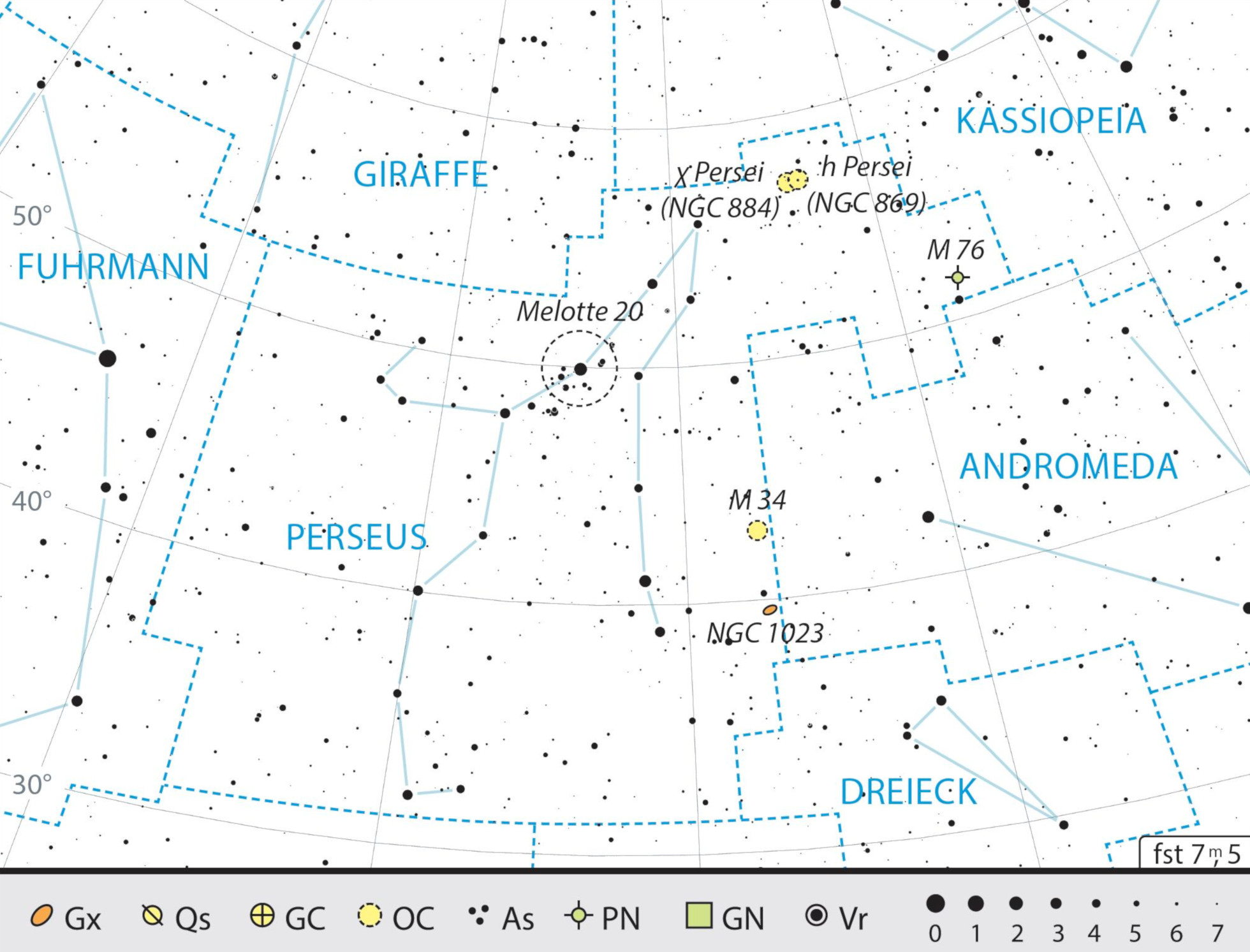 Mapa przeglądowa gwiazdozbioru Perseusza z polecanymi celami obserwacyjnymi. J. Scholten
