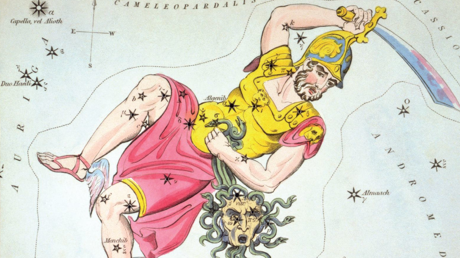 Ryciny gwiazdozbioru ukazują również bohatera Perseusza z odciętą głową Meduzy, którą symbolizuje gwiazda Algol.