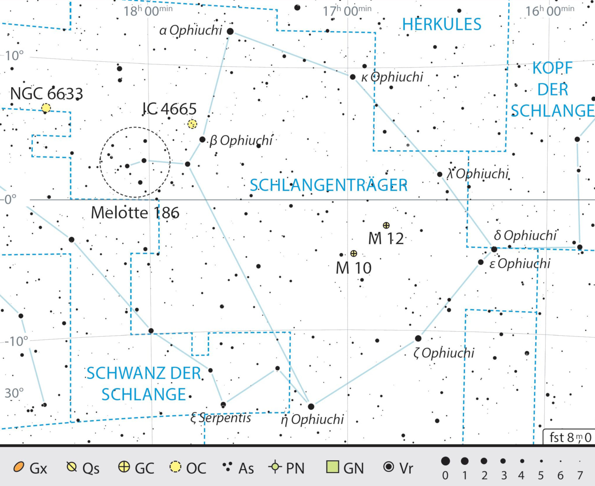 Mapa przeglądowa gwiazdozbioru Wężownika z polecanymi celami obserwacyjnymi. J. Scholten