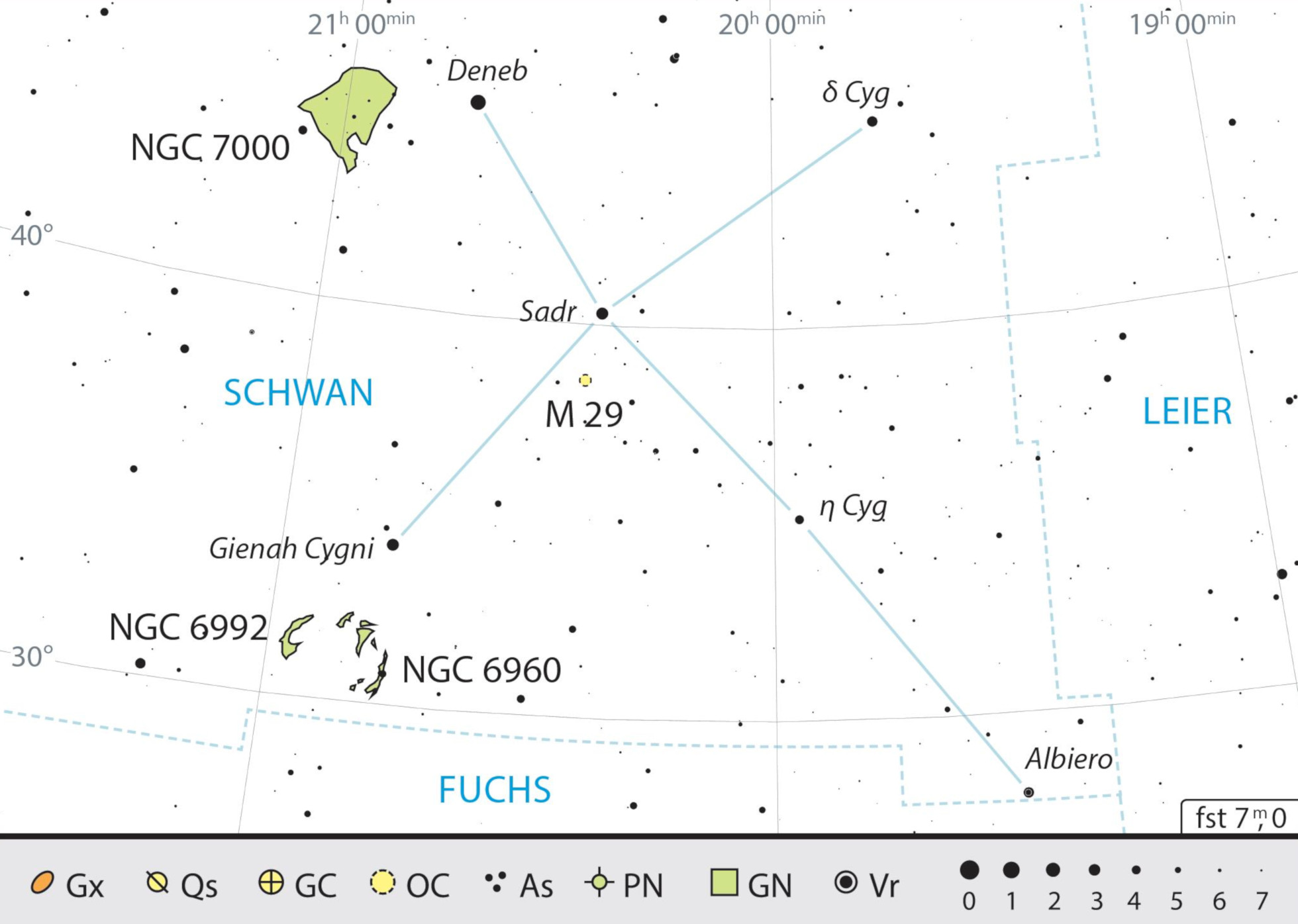 Mapa przeglądowa gwiazdozbioru Łabędzia z polecanymi celami obserwacyjnymi. J.Scholten