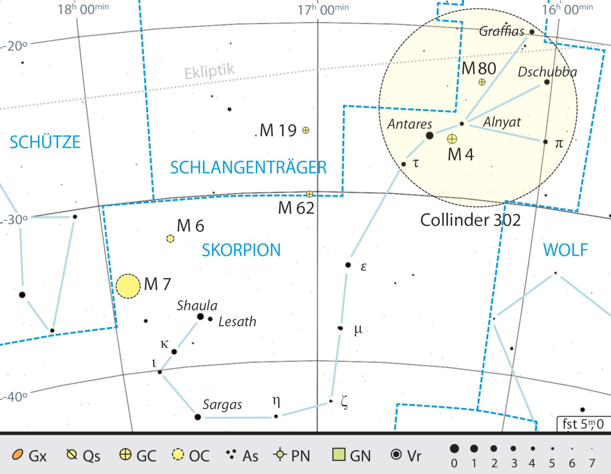 Mapa przeglądowa gwiazdozbioru Skorpiona z polecanymi celami obserwacyjnymi; duży okrąg obejmuje gromadę ruchomą Antaresa. Kai v. Schauroth