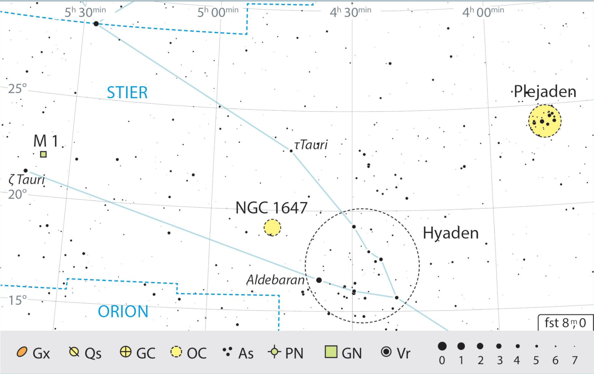 Mapa przeglądowa gwiazdozbioru Byka z polecanymi celami obserwacyjnymi. J. Scholte